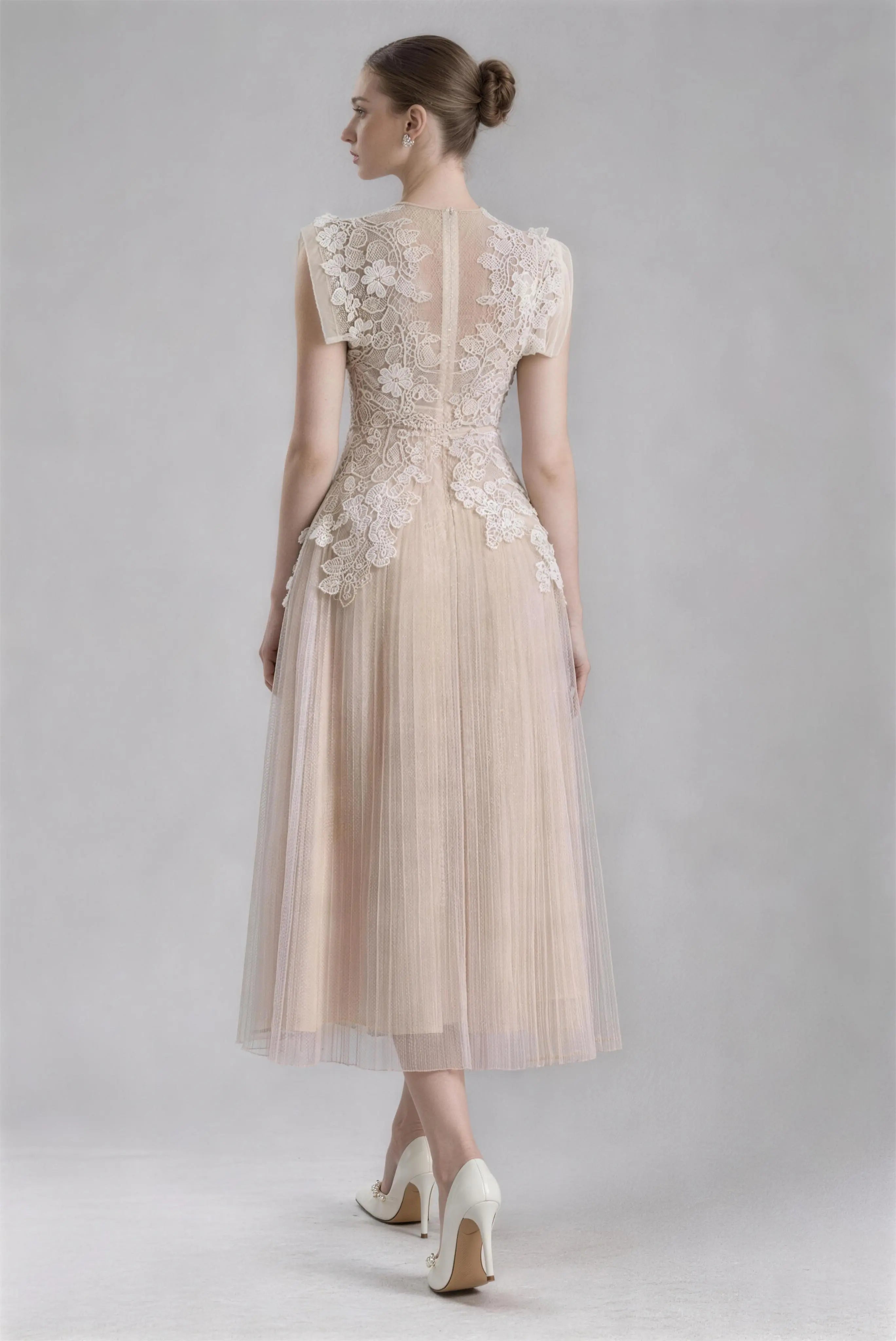Phoehua Champagne Sheer 3D Lace Embroidery Tulle Midi Dress, Front View Round Neck Cap Sleeve Slim Waist Elegant Wedding Bridal Formal Party Gown