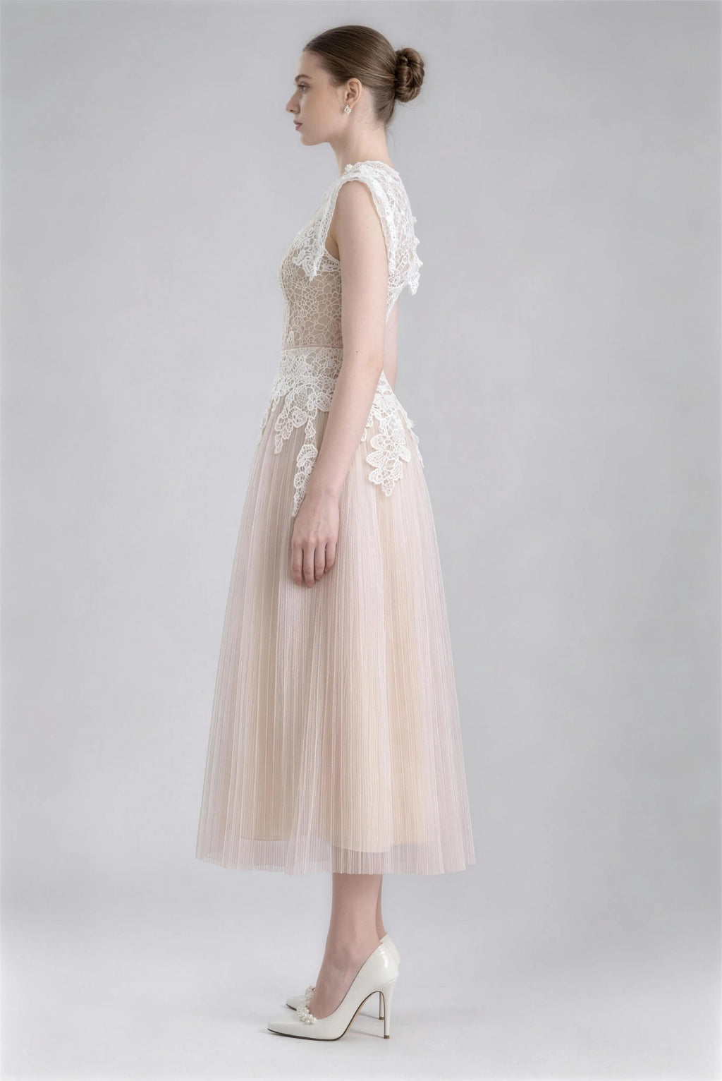 Phoehua Fresh Sweet Lace Evening Gown, Side Profile Cap Sleeve Backless High Waist Sheer Mesh Elegant Wedding Vacation Long Dress