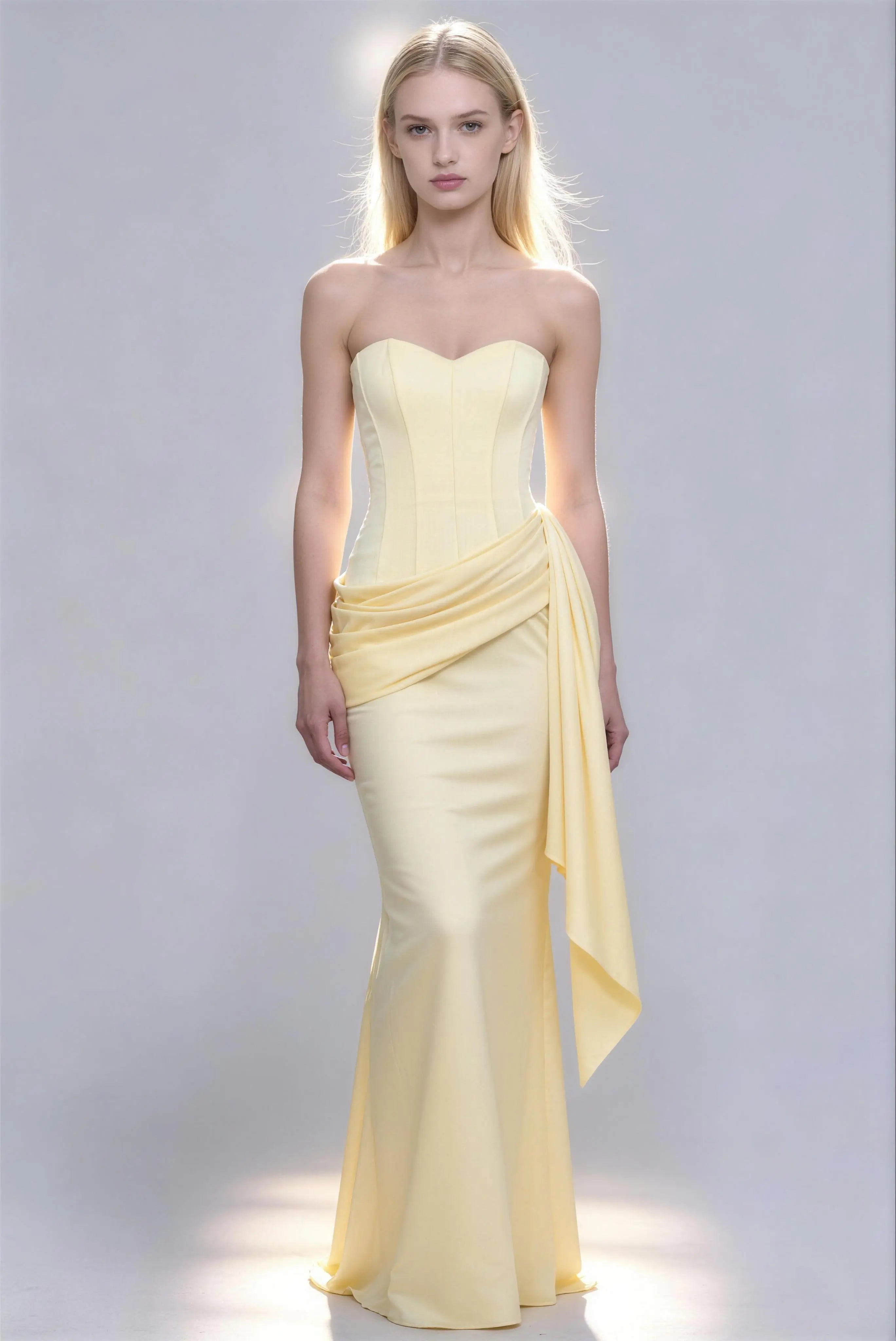 Phoehua Cream Yellow Strapless Sweetheart Corset Satin Mermaid Maxi Dress, Front View Draped Waist Sash Elegant Wedding Evening Formal Party Long Gown