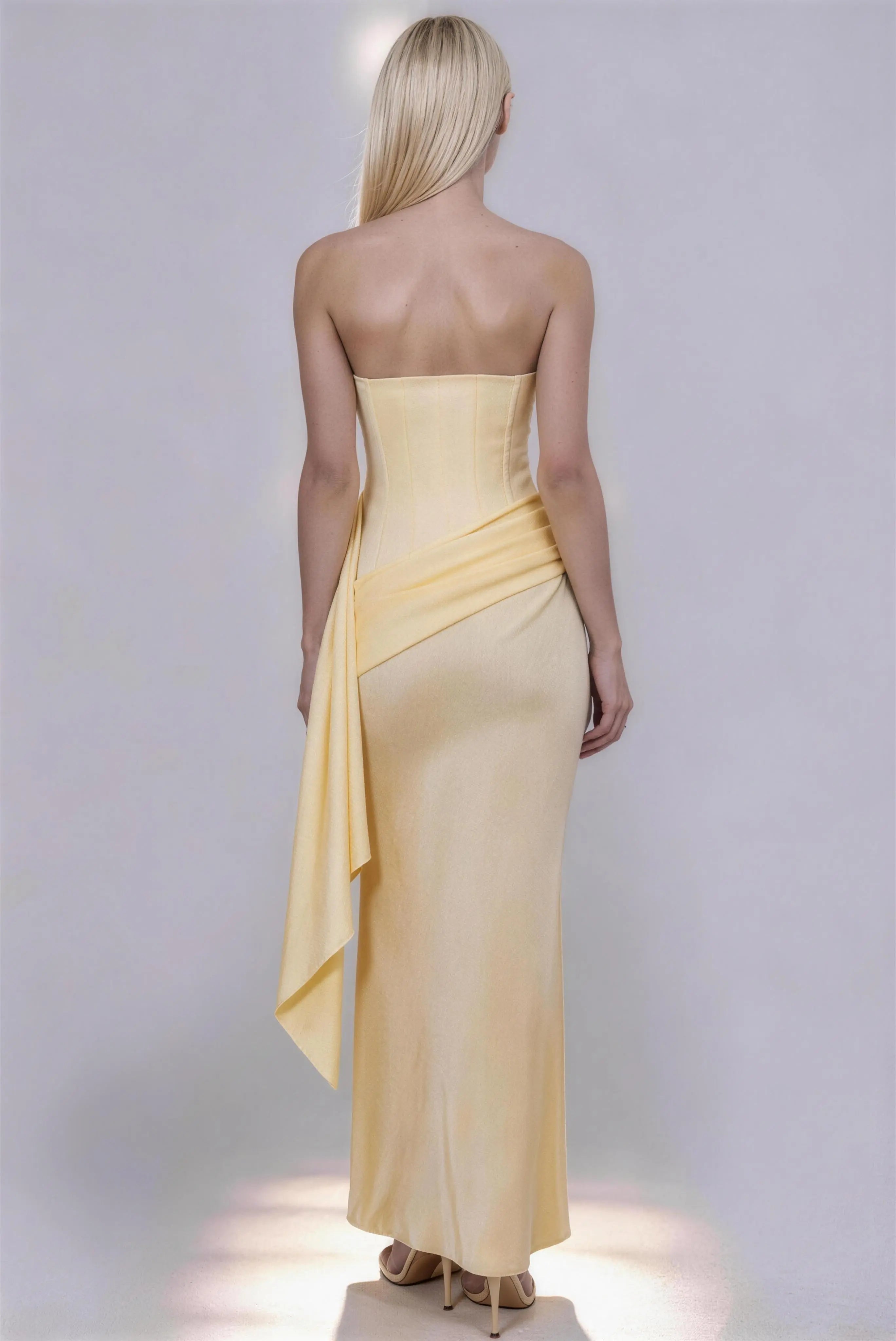 Phoehua Luxury Backless Satin Evening Dress, Full Back View Slim Waist Fish Tail Smooth Draping Bridal Banquet Formal Floor Length Dress