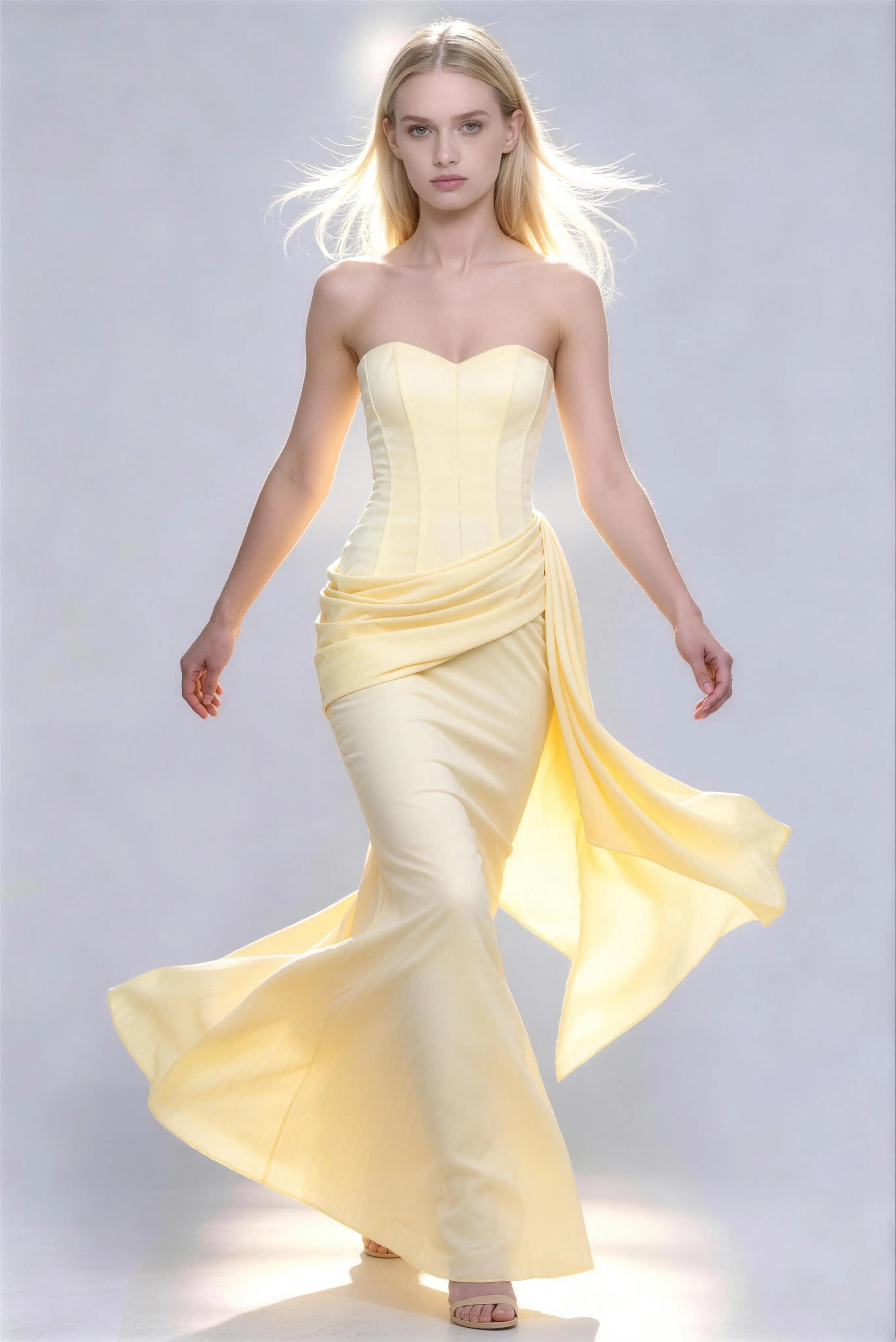 Phoehua Chic Flowy Cream Yellow Formal Gown, Walking Dynamic View Strapless Corset Waist Flowy Sash Elegant Vacation Wedding Long Dress