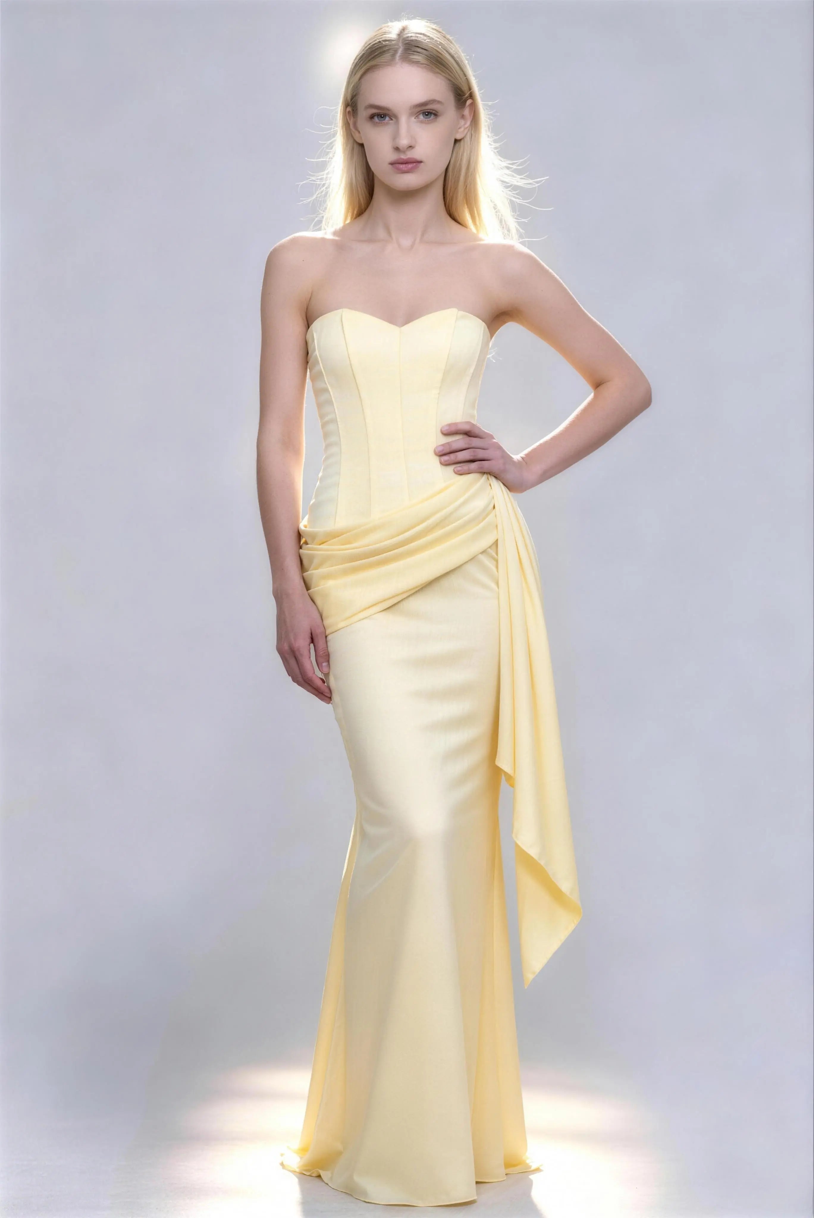 Phoehua Soft Milk Yellow Strapless Wedding Dress, Standing Pose Corset Slim Waist Flowing Sash High End Evening Party Formal Long Gown