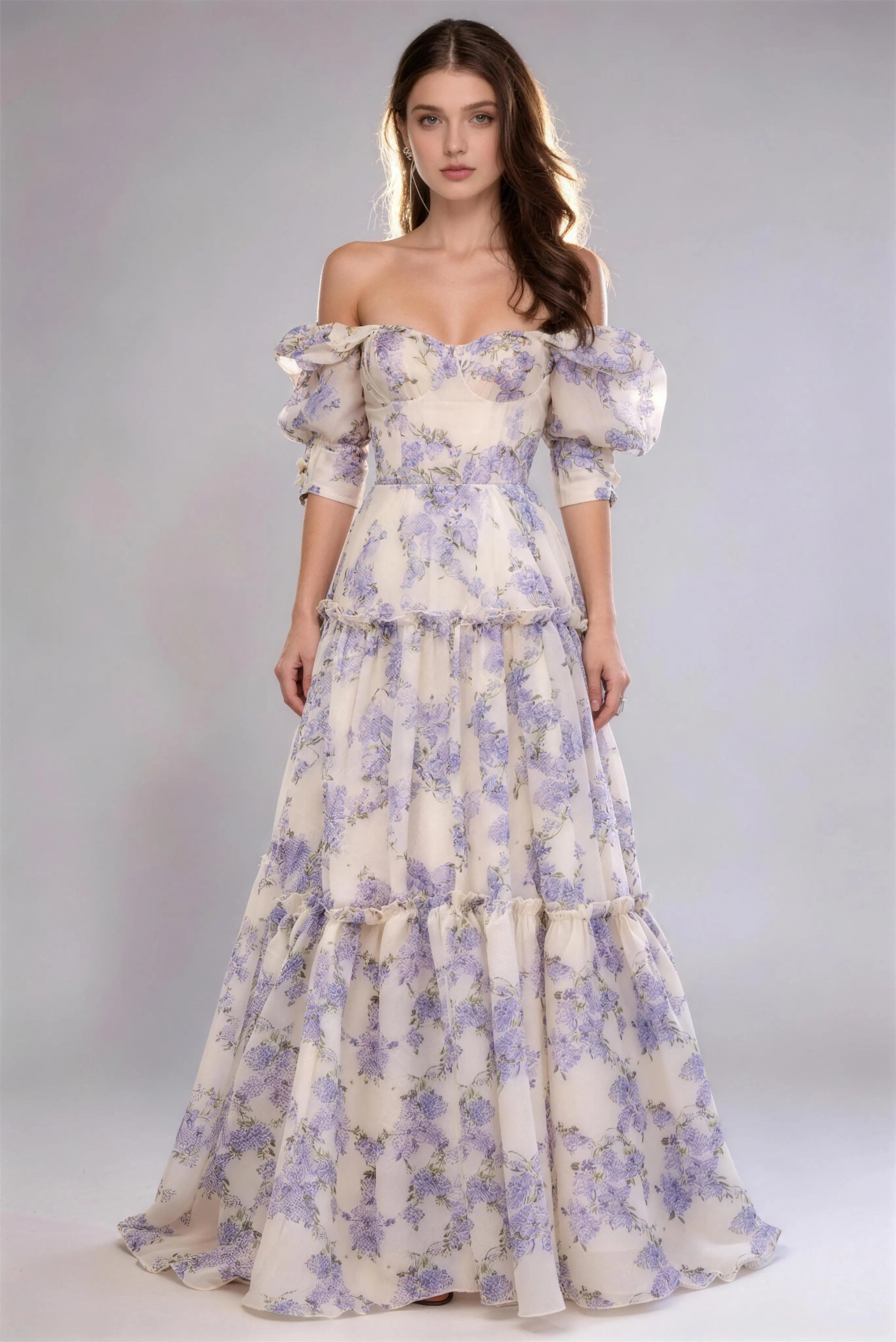 Phoehua Purple Hydrangea Floral Off Shoulder Puff Sleeve Organza Maxi Dress, Front View Ruffle Tiered High Waist Elegant Fairy Wedding Vacation Long Dress