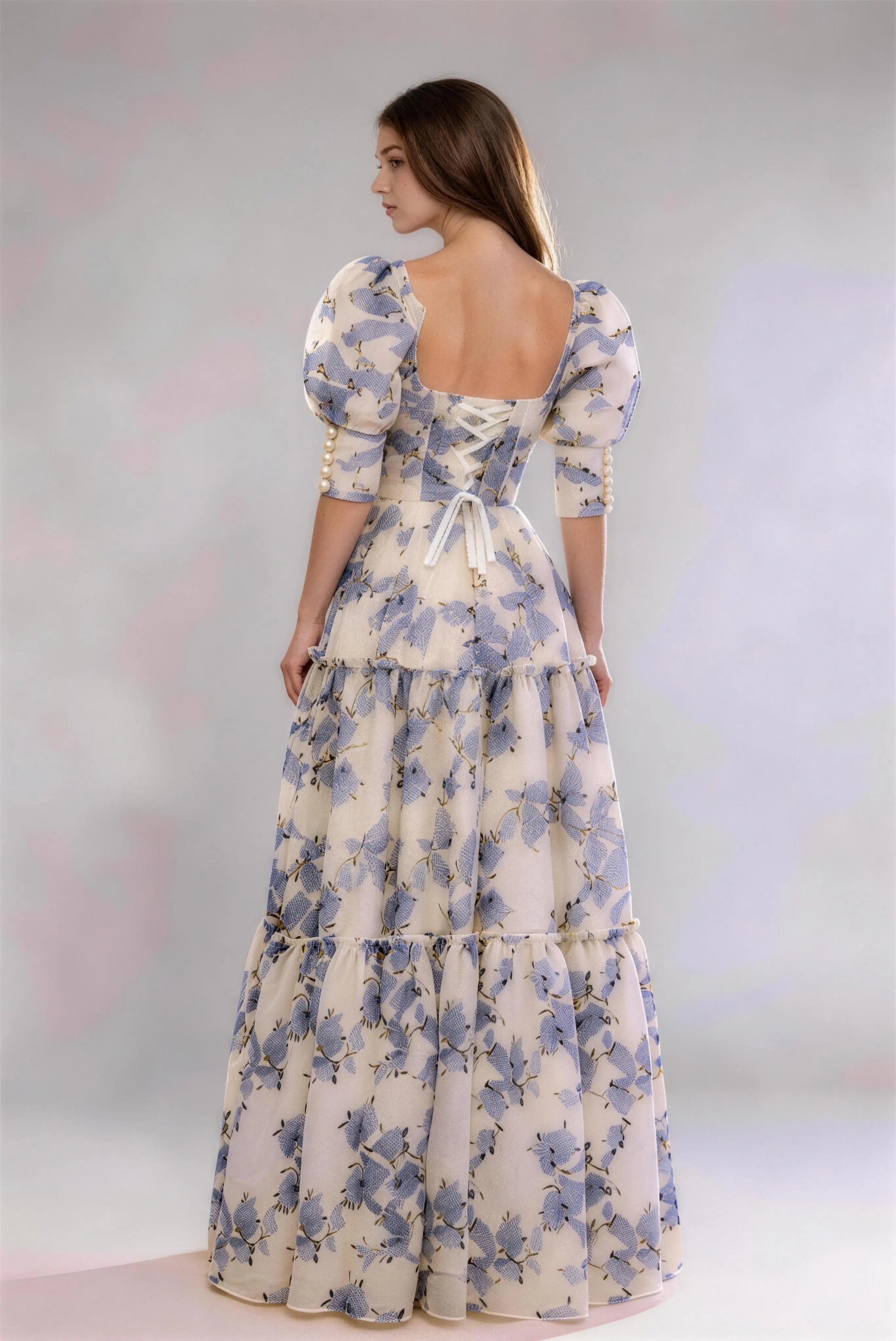 Phoehua Vintage French Floral Dress, Back View Lace Up Hollow Back Pearl Decor Puff Sleeve Layered Ruffle Bridal Garden Formal Maxi Dress