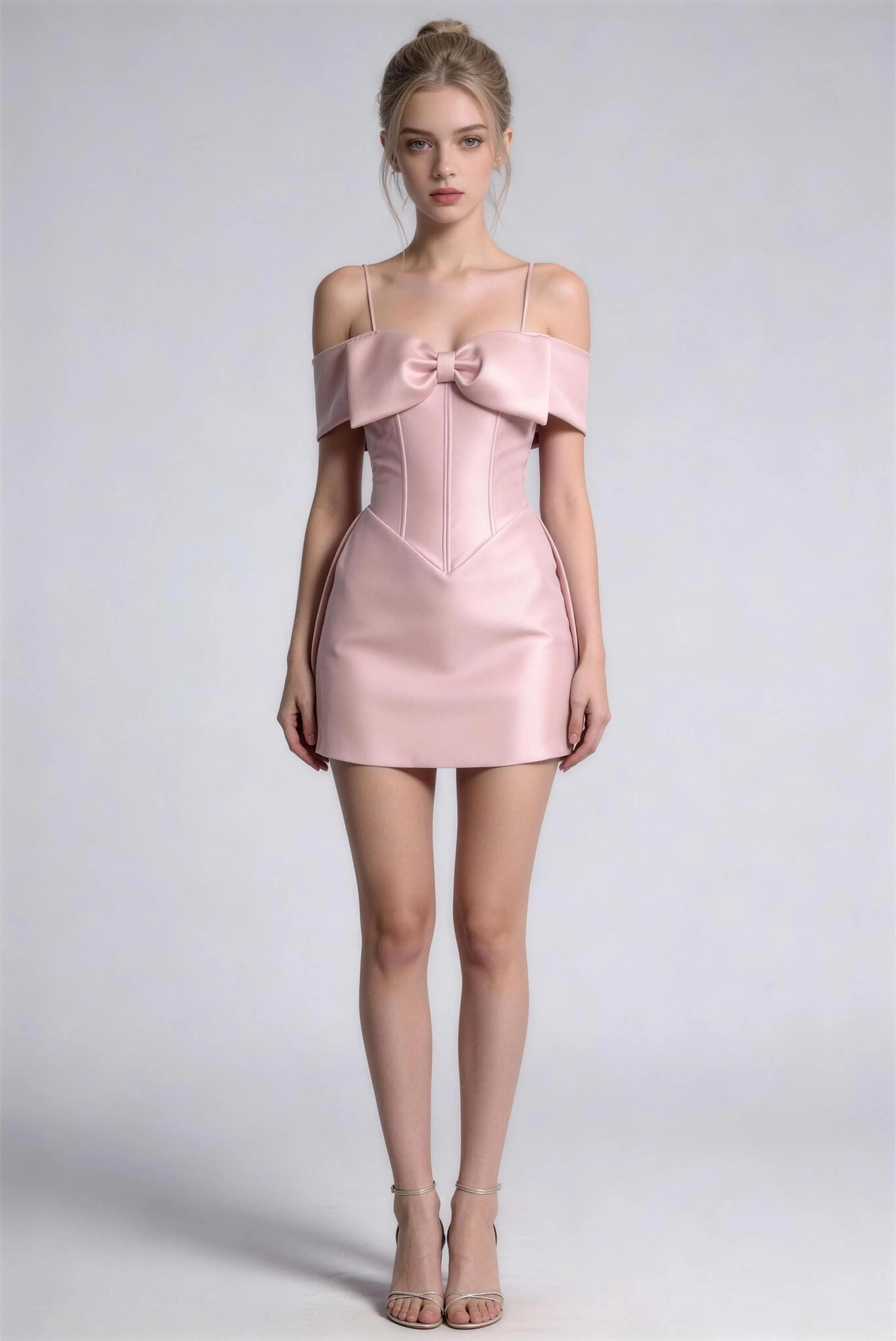 Phoehua Blush Pink Off Shoulder Spaghetti Strap Corset Mini Dress, Front View 3D Large Bow High Waist A-Line Elegant Birthday Party Formal Short Gown