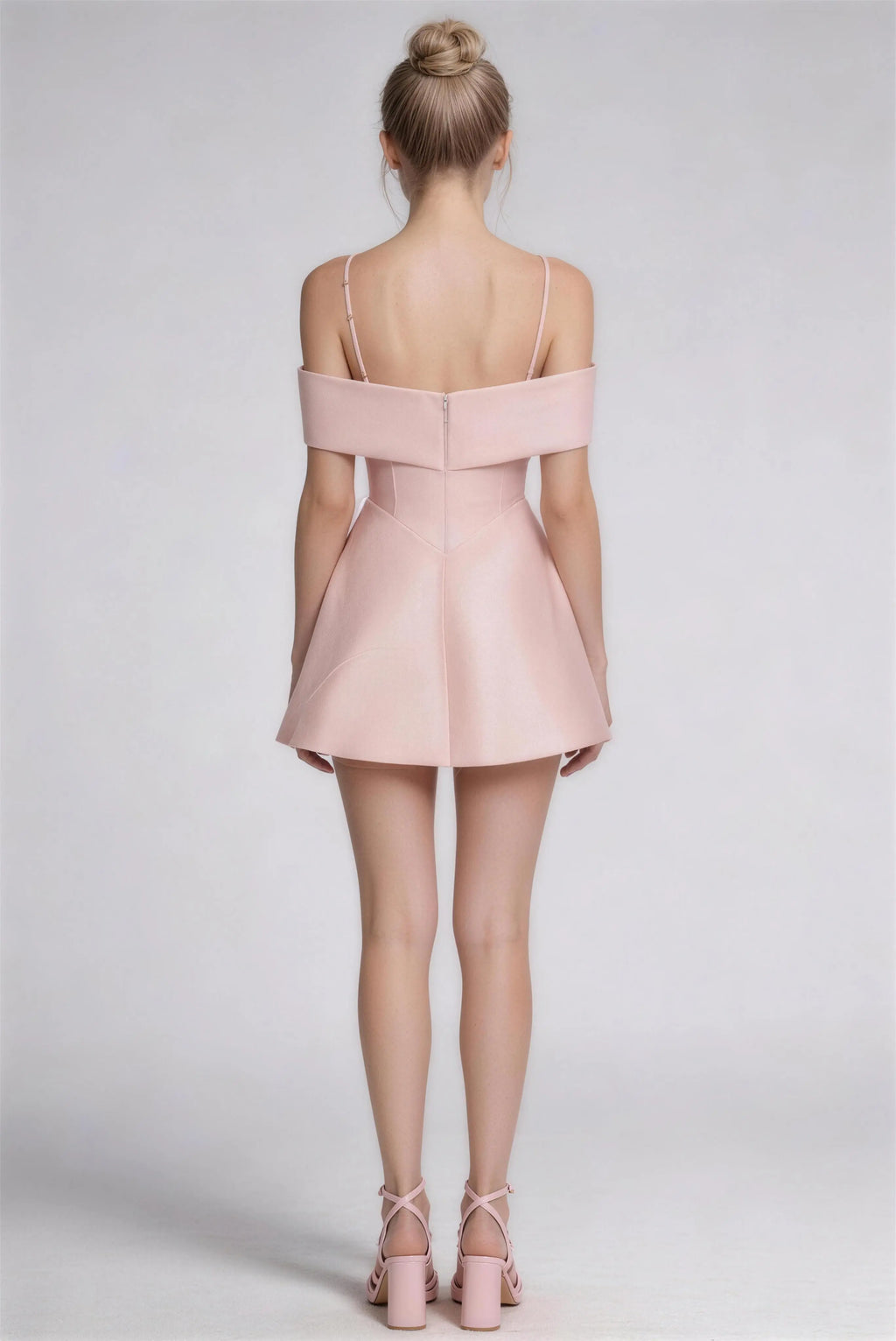 Phoehua Luxury Backless Satin Party Dress, Full Back View Invisible Zipper Adjustable Strap Slim Waist Flowy A-Line Club Date Mini Dress