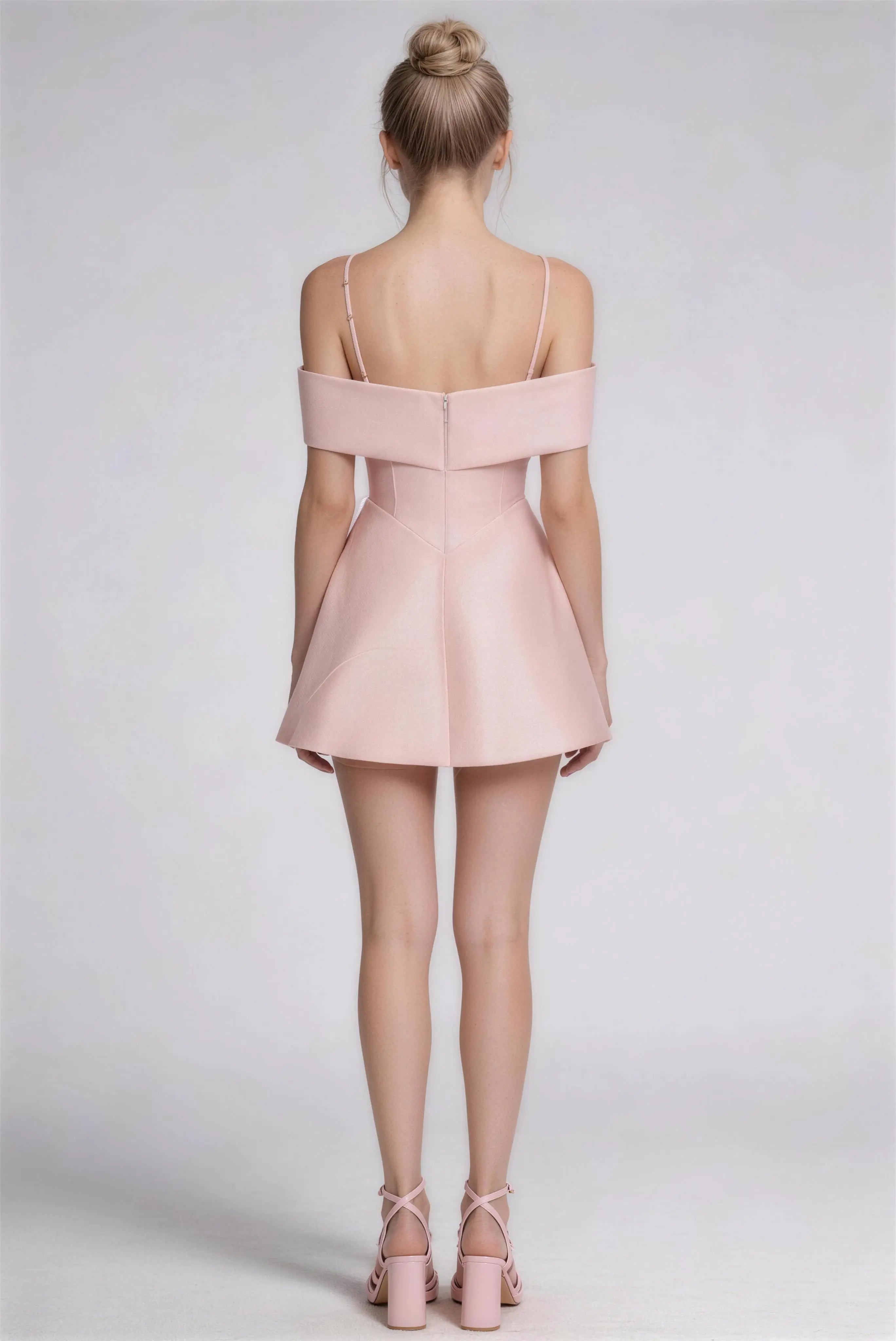 Phoehua Luxury Backless Satin Party Dress, Full Back View Invisible Zipper Adjustable Strap Slim Waist Flowy A-Line Club Date Mini Dress