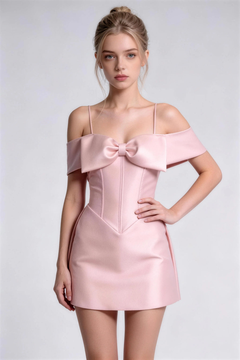 Phoehua Chic Girly Pink Bow Formal Mini Dress, Standing Pose Off Shoulder Corset Waist Elegant Sweet Birthday Banquet Evening Short Dress