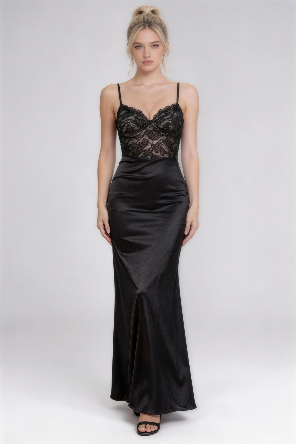 Phoehua Black Lace Bustier Satin Mermaid Maxi Dress, Front View V-Neck Spaghetti Strap High Waist Sexy Formal Evening Wedding Guest Long Gown