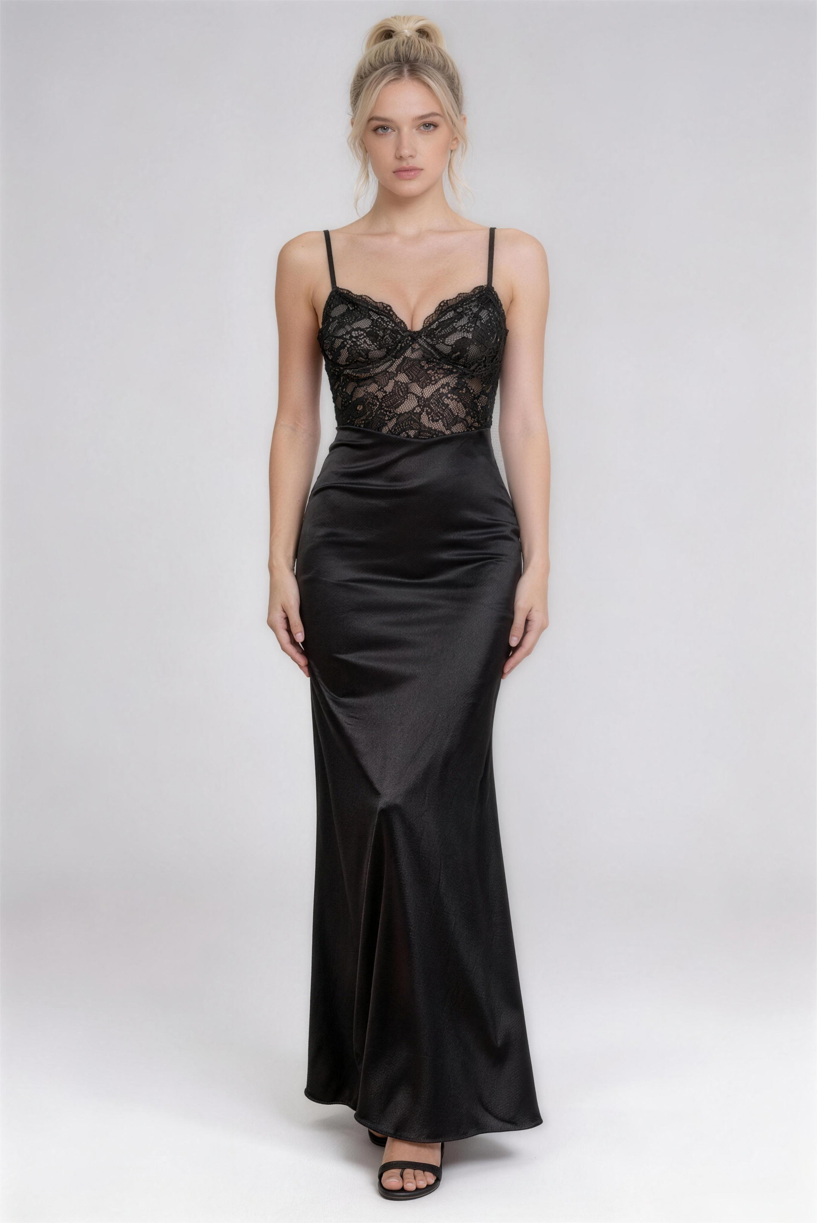Phoehua Black Lace Bustier Satin Mermaid Maxi Dress, Front View V-Neck Spaghetti Strap High Waist Sexy Formal Evening Wedding Guest Long Gown