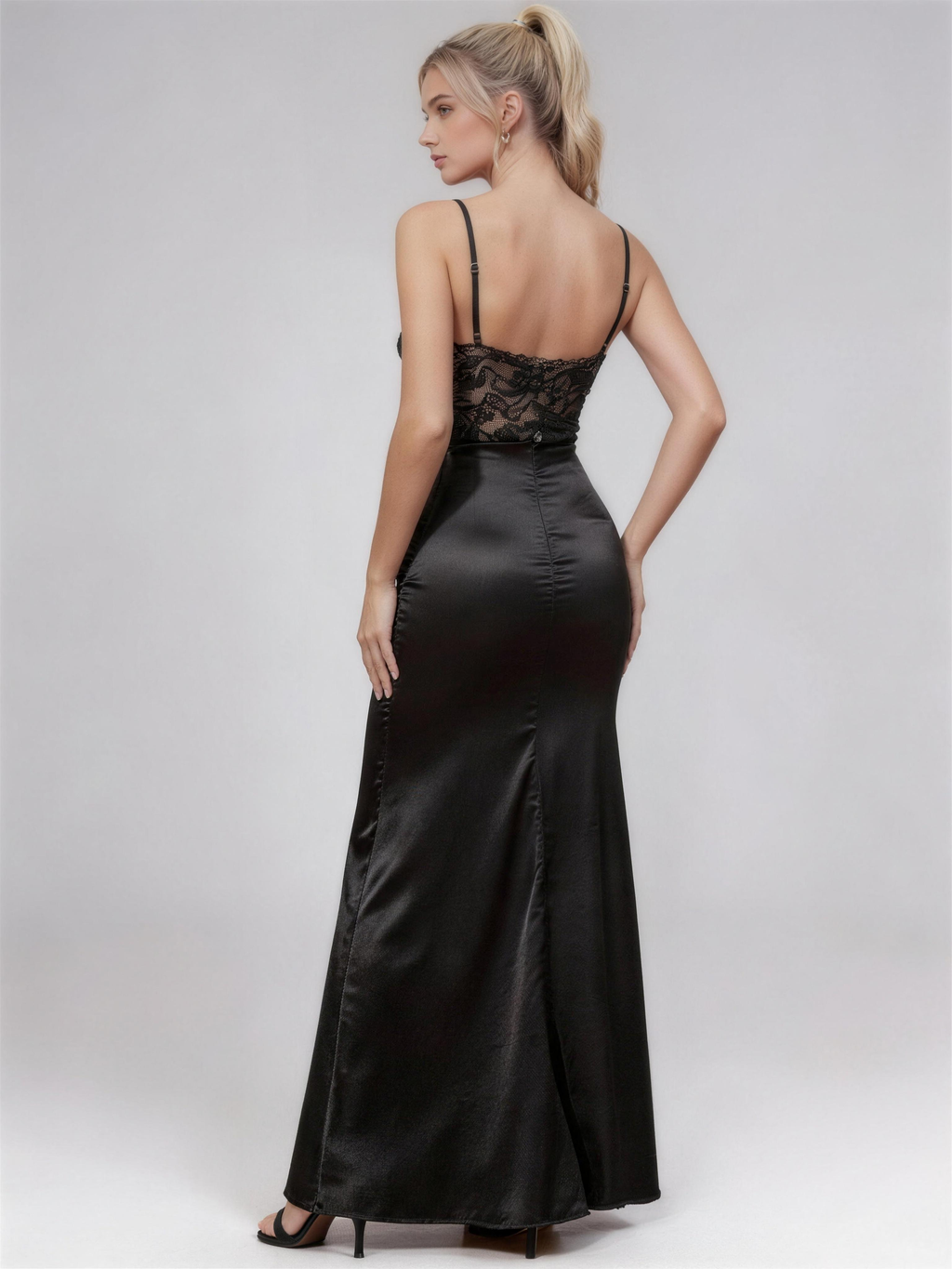 Phoehua Back View of Black Lace Satin Evening Dress, Adjustable Straps Open Back High Waist Mermaid Skirt Formal Party Long Dress