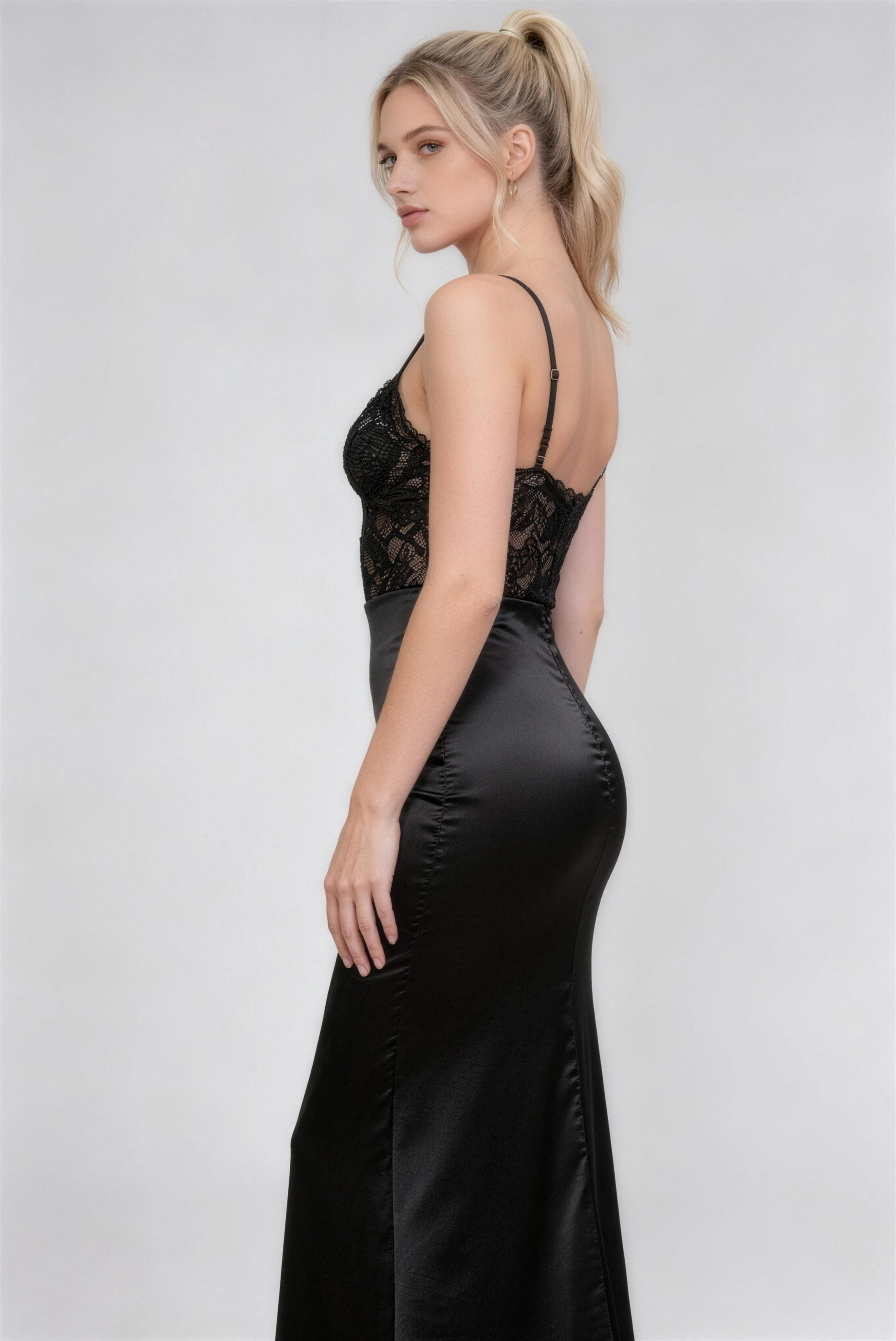 Phoehua Side Profile of Black Lace Bustier Satin Maxi Dress, See-Through Lace Top Slim Fit Sexy Elegant Formal Occasion Dress