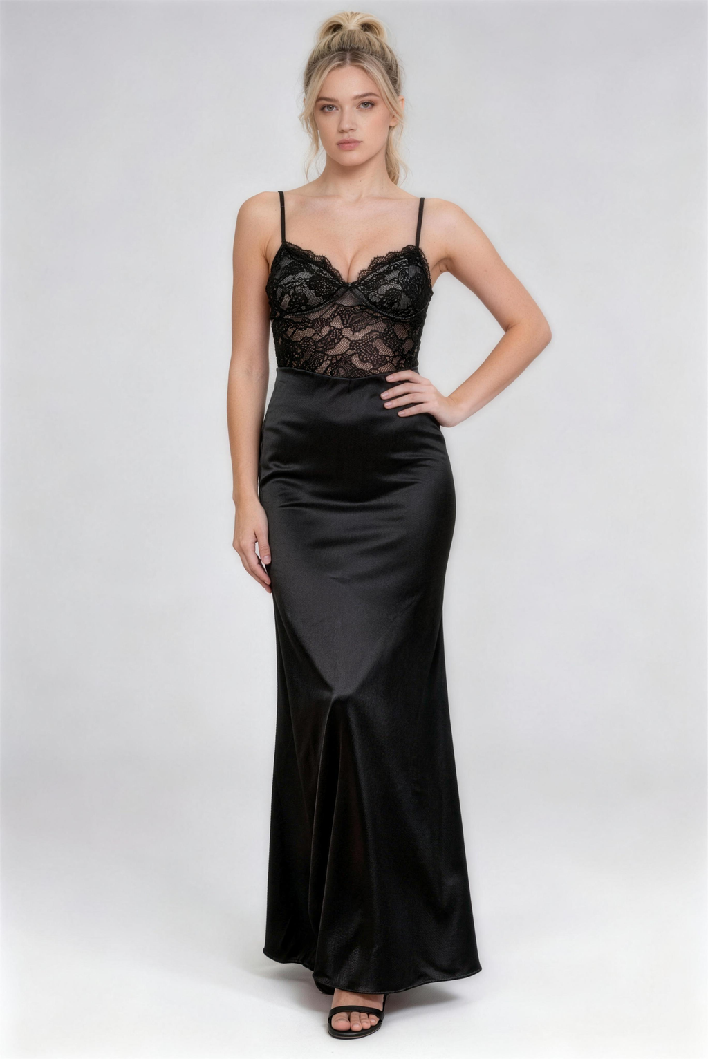 Phoehua Side Profile of Black Lace Bustier Satin Maxi Dress, See-Through Lace Top Slim Fit Sexy Elegant Formal Occasion Dress