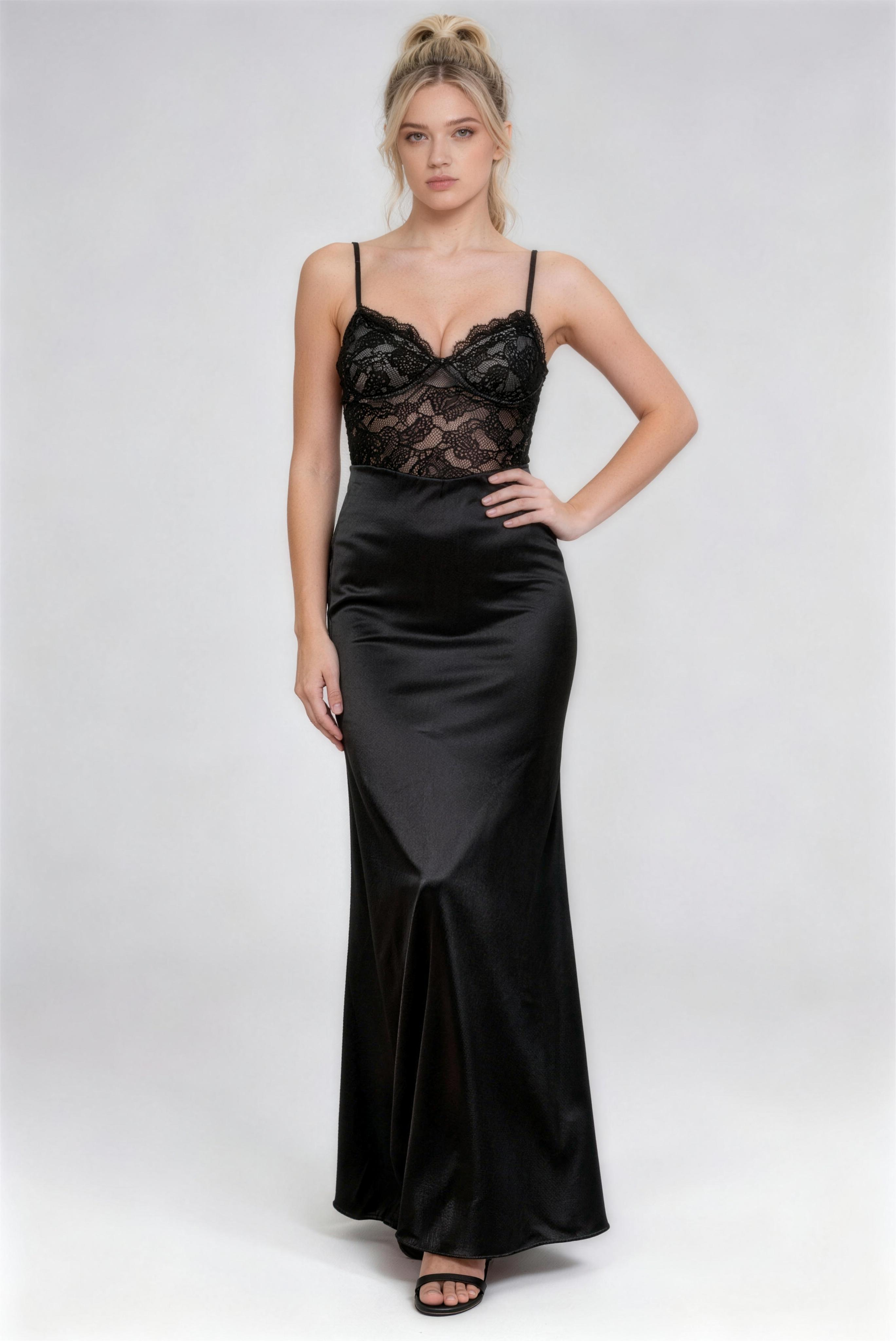Phoehua Side Profile of Black Lace Bustier Satin Maxi Dress, See-Through Lace Top Slim Fit Sexy Elegant Formal Occasion Dress