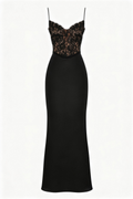 Phoehua Flat Lay of Black Lace Satin Maxi Dress, Front V-Neck Lace Bodice Satin Skirt Sexy Formal Long Gown