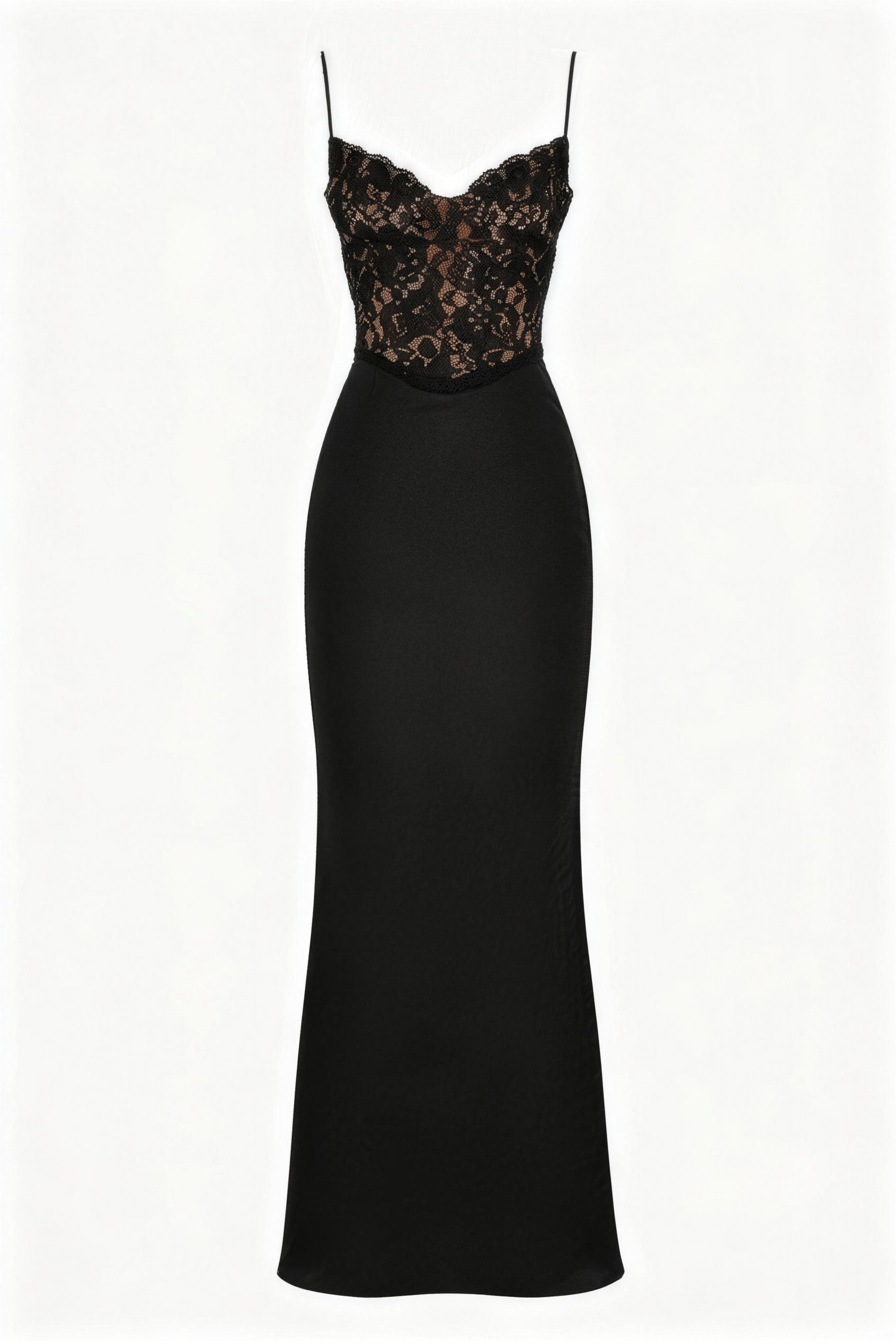 Phoehua Flat Lay of Black Lace Satin Maxi Dress, Front V-Neck Lace Bodice Satin Skirt Sexy Formal Long Gown