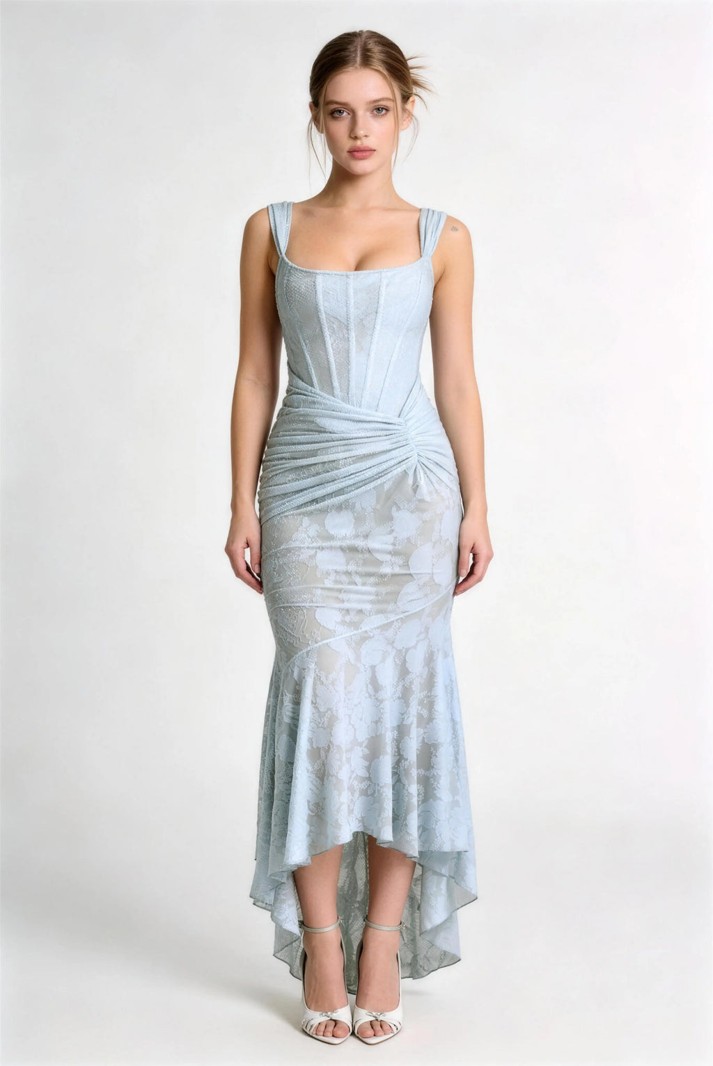 Phoehua Light Blue Corset Lace Mermaid Dress, Front View Asymmetric Off-Shoulder Ruched Waist High Low Hem Elegant Formal Evening Wedding Guest Party Dress