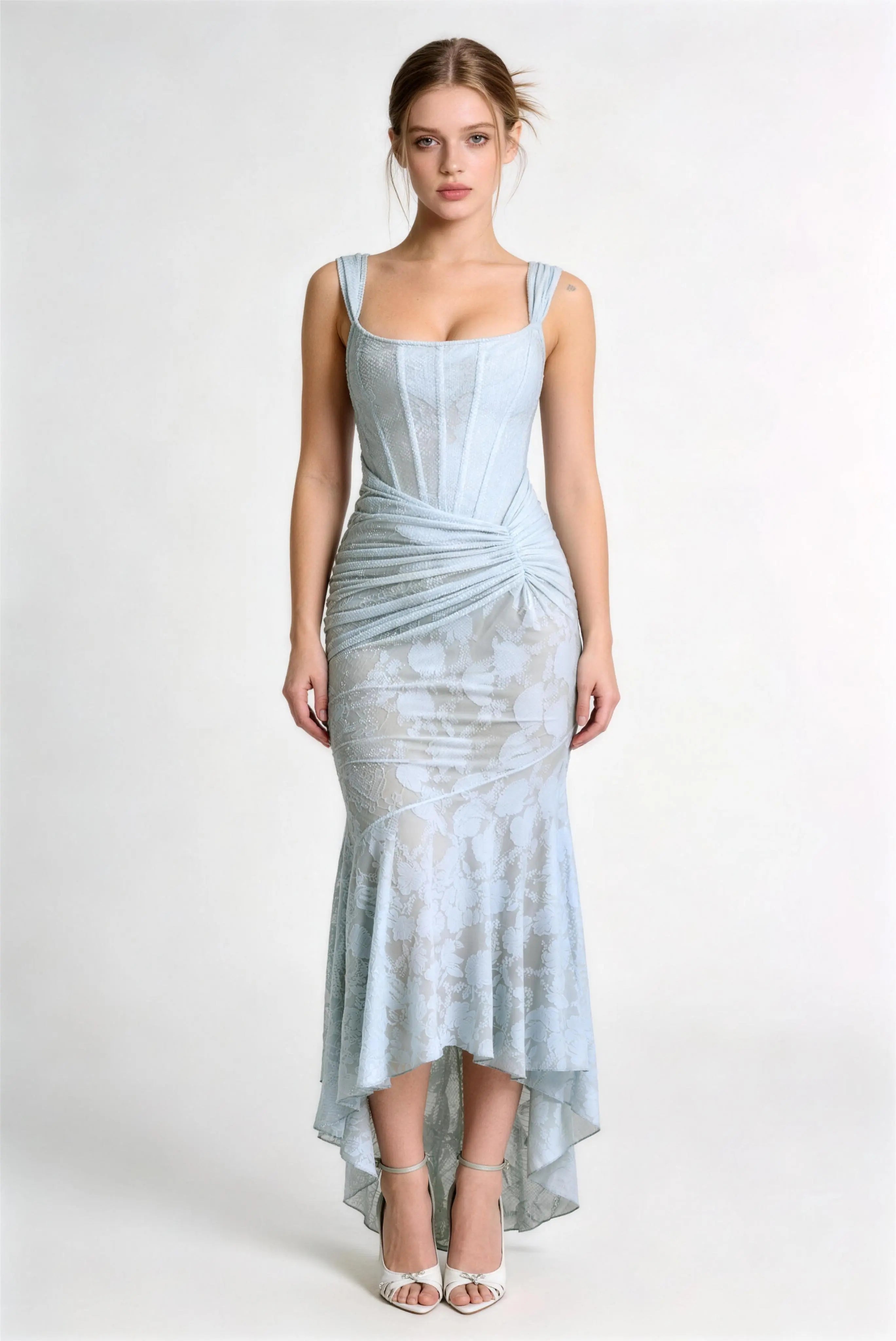 Phoehua Light Blue Corset Lace Mermaid Dress, Front View Asymmetric Off-Shoulder Ruched Waist High Low Hem Elegant Formal Evening Wedding Guest Party Dress