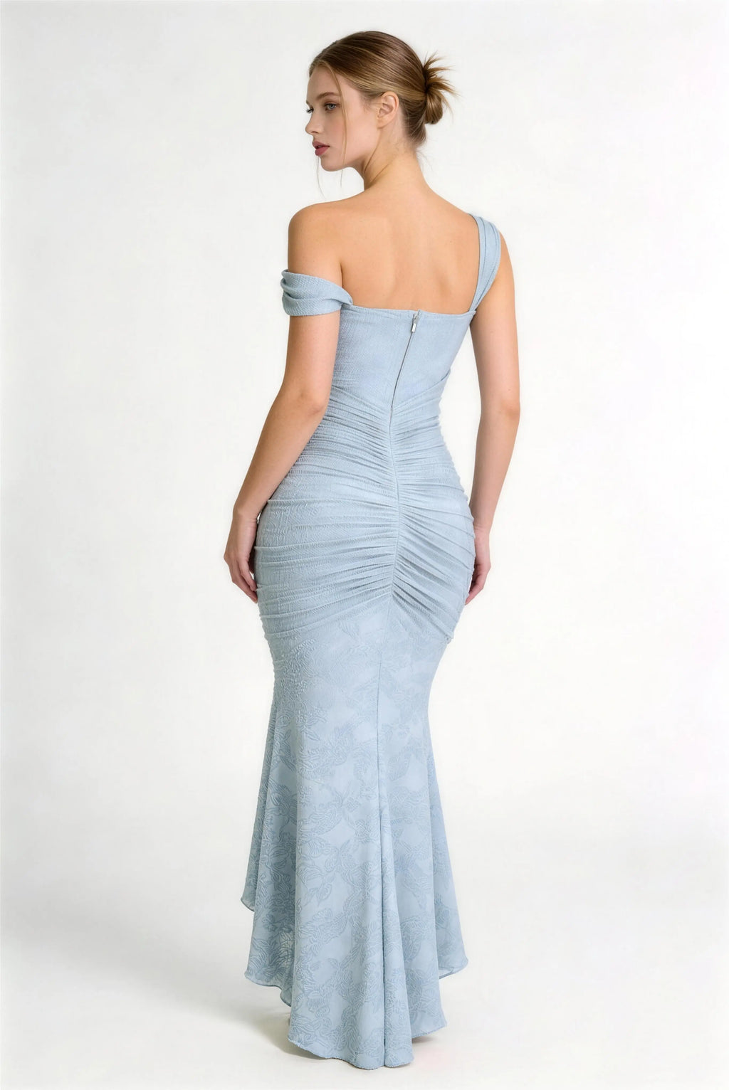 Phoehua Back View of Light Blue Lace Evening Dress, Invisible Zipper Backless Ruched High Waist Asymmetric Hem Bridal Banquet Long Dress