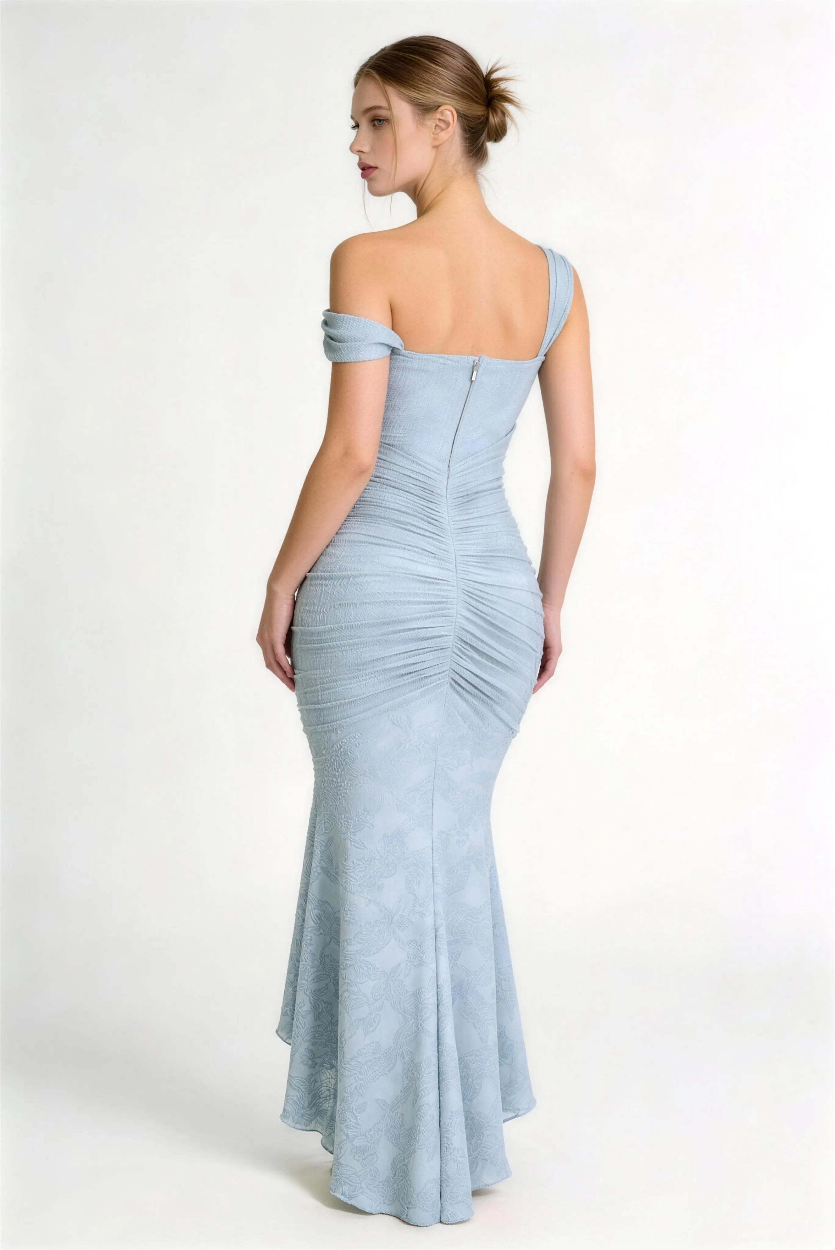 Phoehua Back View of Light Blue Lace Evening Dress, Invisible Zipper Backless Ruched High Waist Asymmetric Hem Bridal Banquet Long Dress