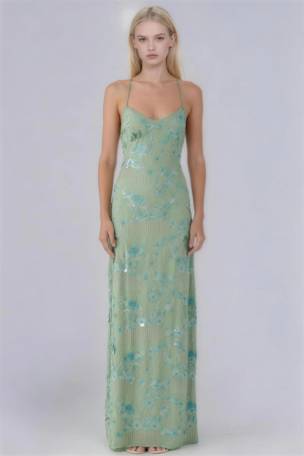Phoehua Mint Green Floral Embroidered Beaded Maxi Dress, Front View V-Neck Spaghetti Strap Slim Fit Elegant Wedding Guest Formal Evening Dress