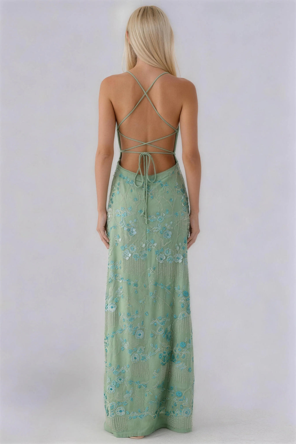 Phoehua Back View of Floral Lace Maxi Dress, Crisscross Tie Backless Adjustable Straps Floor Length Romantic Bridal Vacation Dress