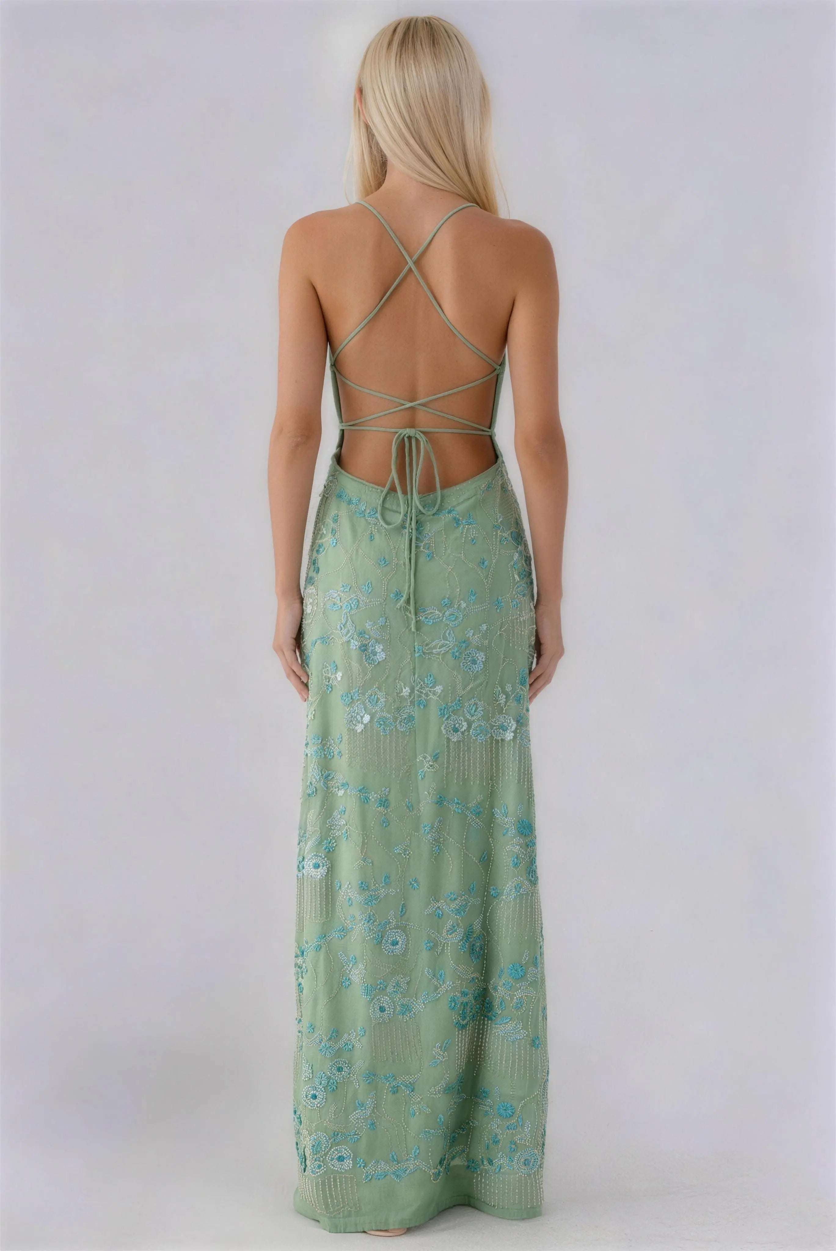Phoehua Back View of Floral Lace Maxi Dress, Crisscross Tie Backless Adjustable Straps Floor Length Romantic Bridal Vacation Dress
