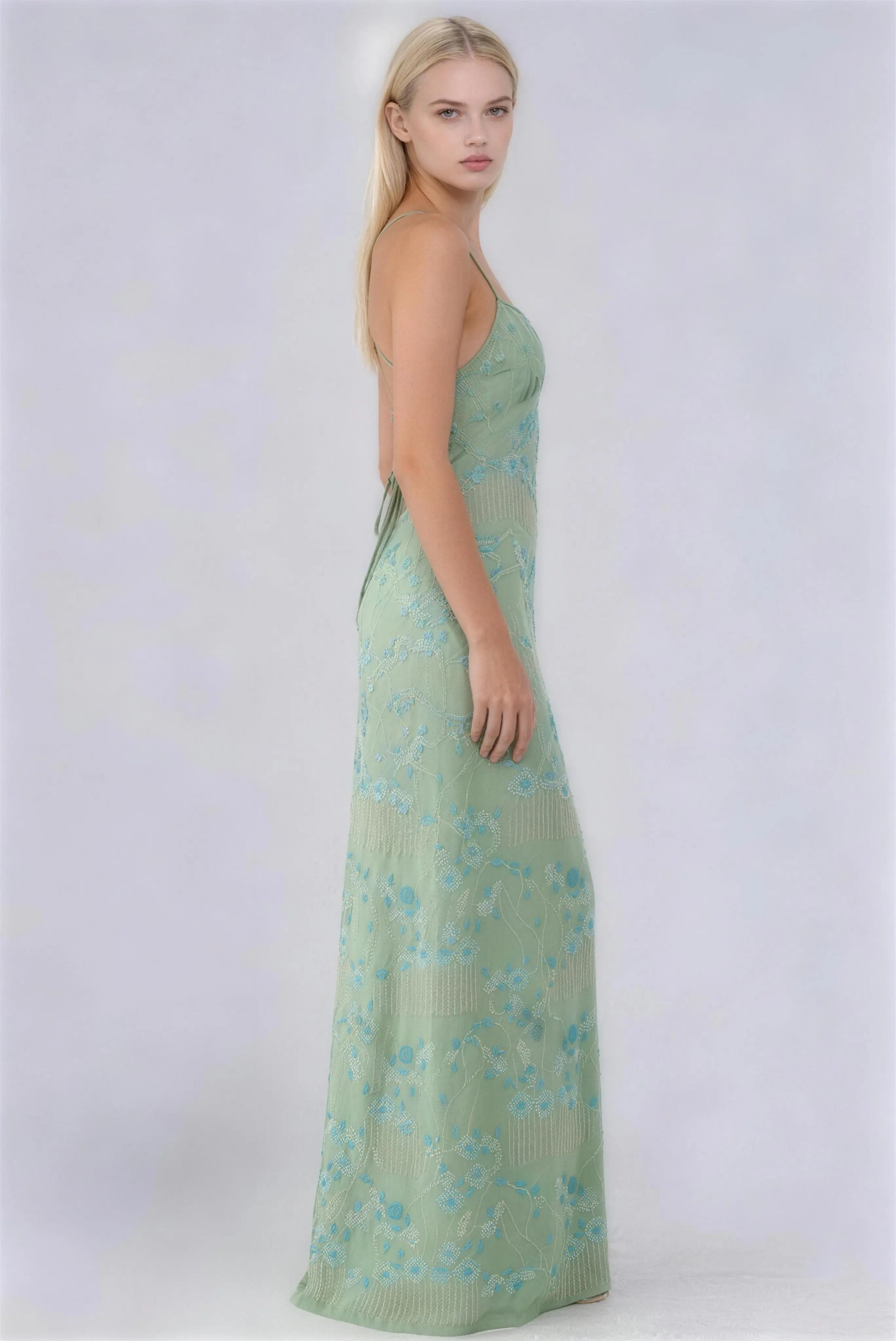 Floral Embroidered Backless Lace Maxi Dress
