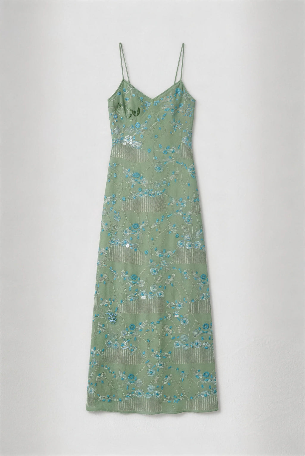 Phoehua Profile View of Mint Green Floral Beaded Dress, Slim Fit Maxi Skirt Crisscross Tie Back Elegant Romantic Vacation Evening Dress