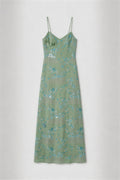 Phoehua Profile View of Mint Green Floral Beaded Dress, Slim Fit Maxi Skirt Crisscross Tie Back Elegant Romantic Vacation Evening Dress