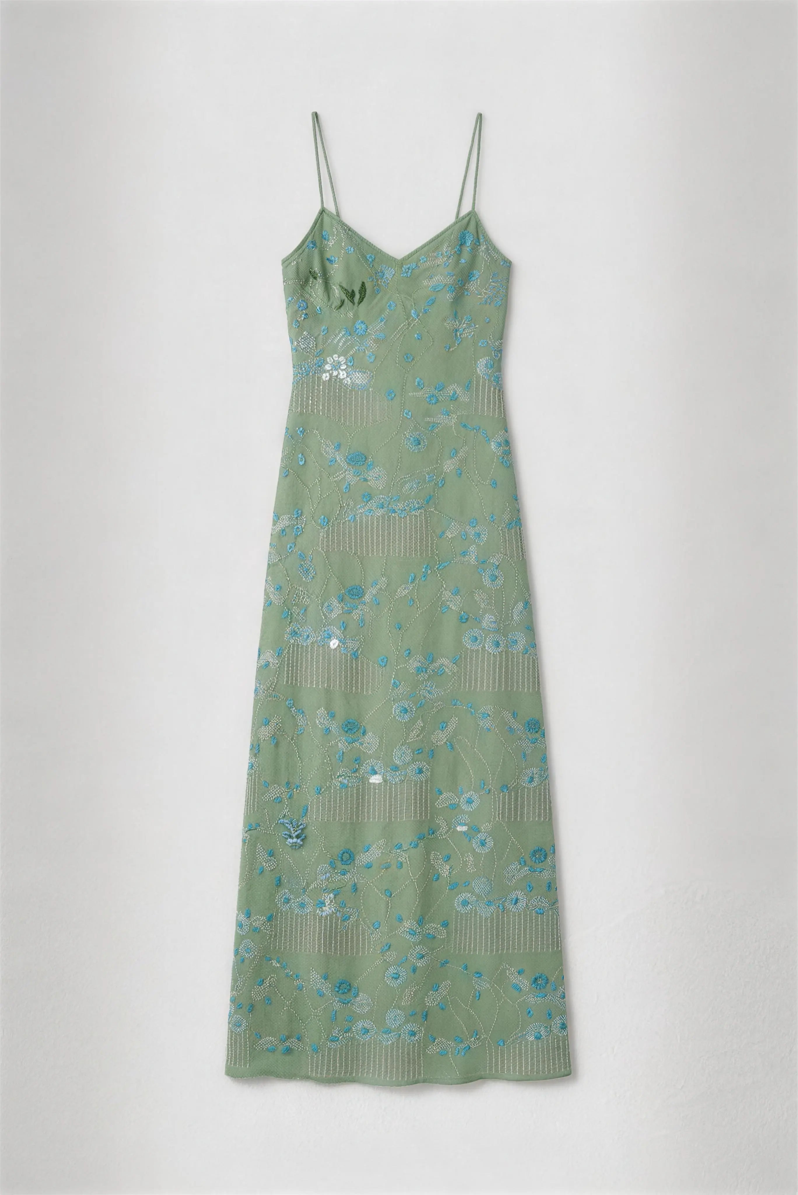 Phoehua Profile View of Mint Green Floral Beaded Dress, Slim Fit Maxi Skirt Crisscross Tie Back Elegant Romantic Vacation Evening Dress