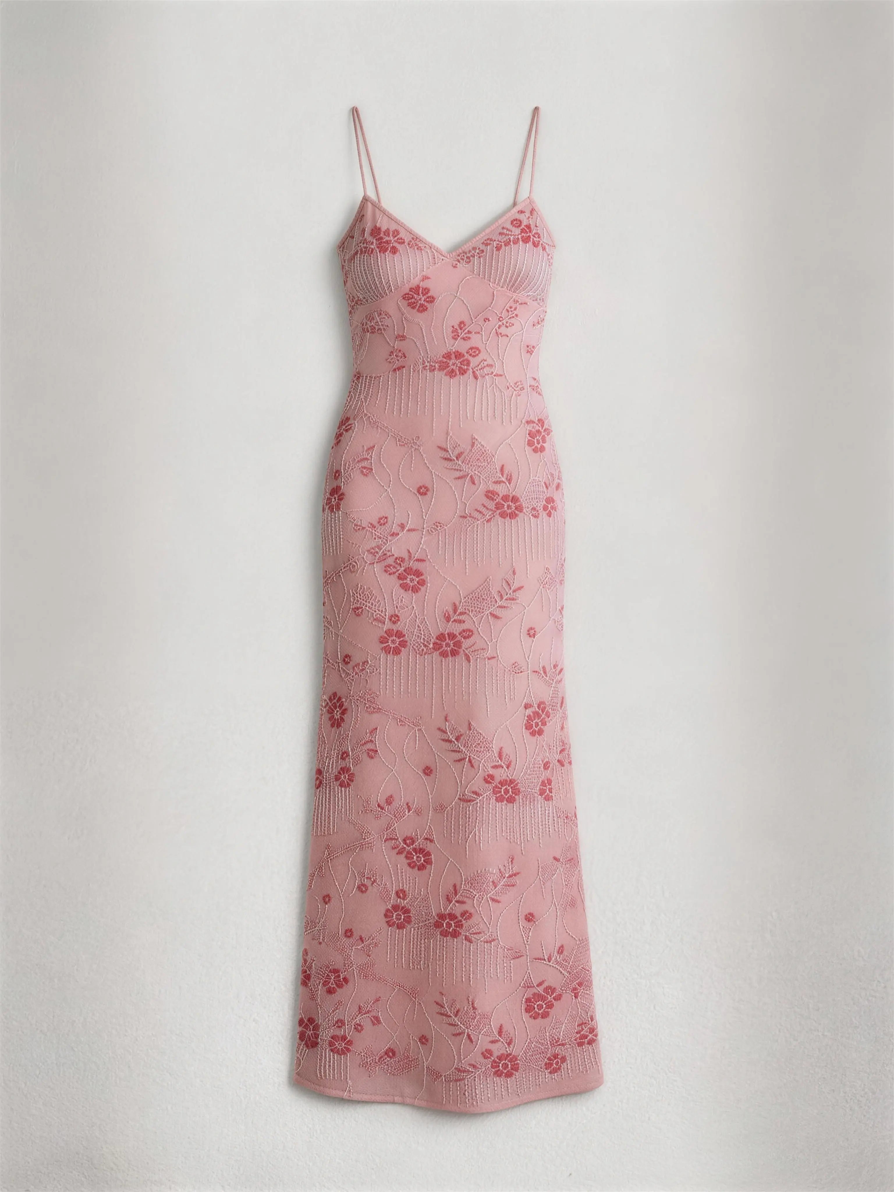 Phoehua Flat Lay of Floral Embroidered Lace Dress, V-Neck Spaghetti Strap All-Over Beading Floor Length Elegant Summer Formal Gown
