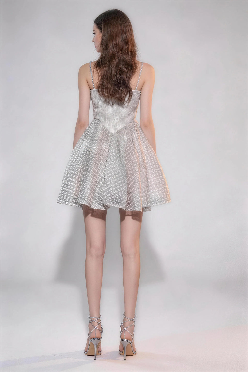 Phoehua Back View of Sparkly Rhinestone A-Line Dress, Zipper Closure High Waist Flowy Tulle Skirt Glamorous Party Formal Mini Dress