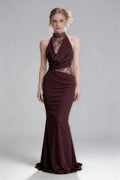 Phoehua Wine Red Lace Halter Neck Mermaid Maxi Dress, Front View Sheer Lace Splicing Slim Fit High Waist Elegant Formal Evening Wedding Guest Party Gown