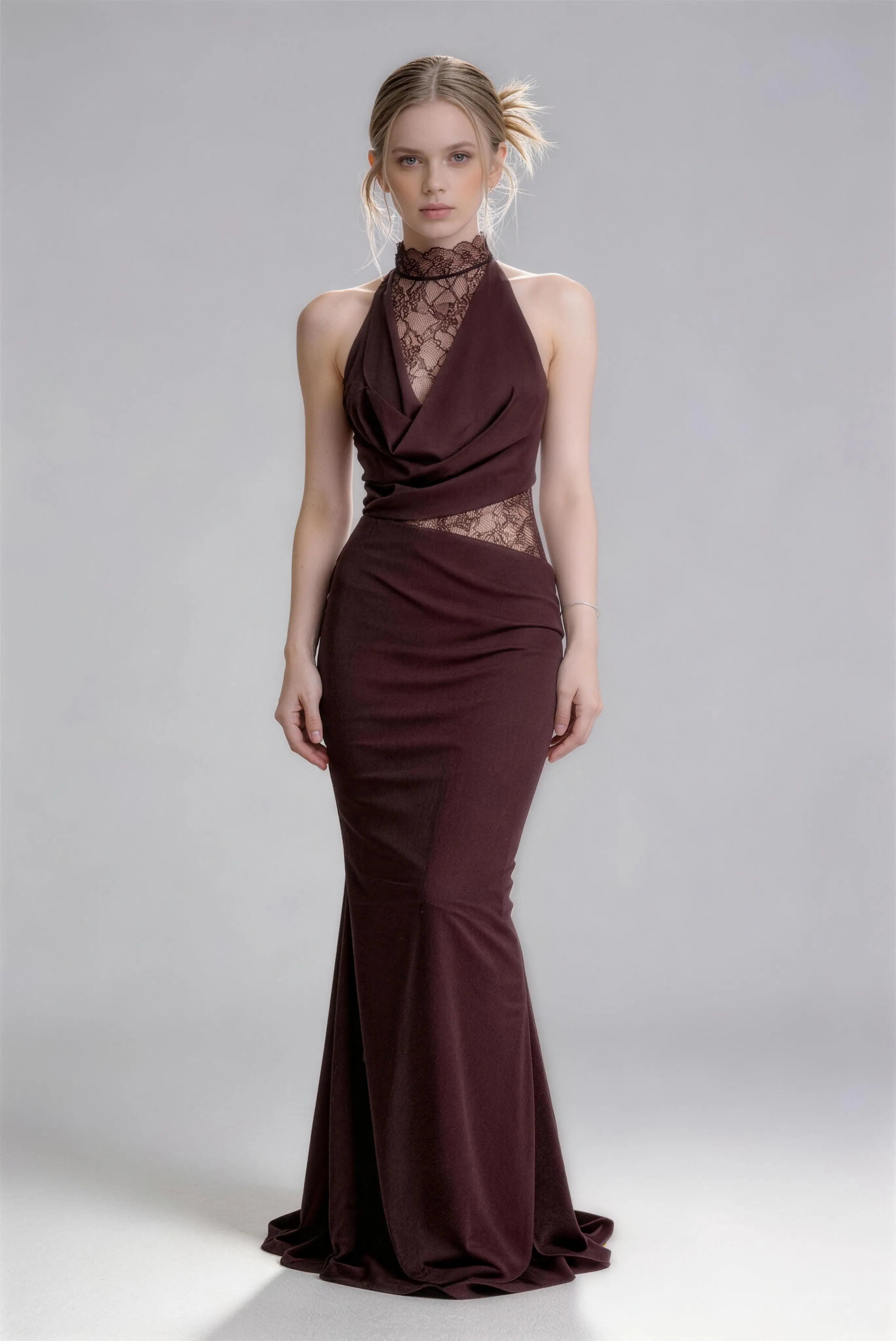 Phoehua Wine Red Lace Halter Neck Mermaid Maxi Dress, Front View Sheer Lace Splicing Slim Fit High Waist Elegant Formal Evening Wedding Guest Party Gown