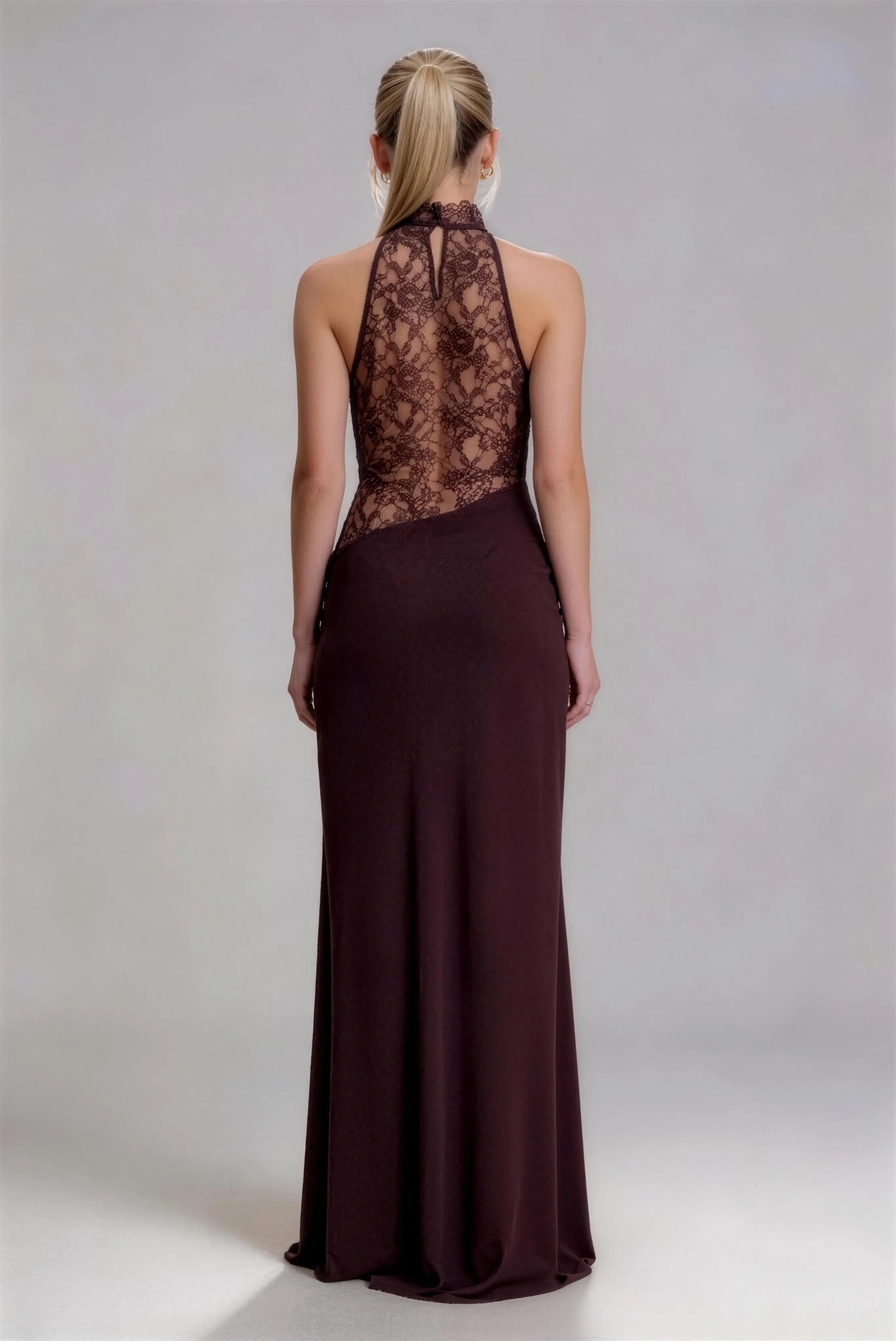 Phoehua Back View of Wine Red Lace Evening Dress, Full Sheer Lace Back Keyhole Closure Halter Neck Sleeveless Mermaid Long Gown