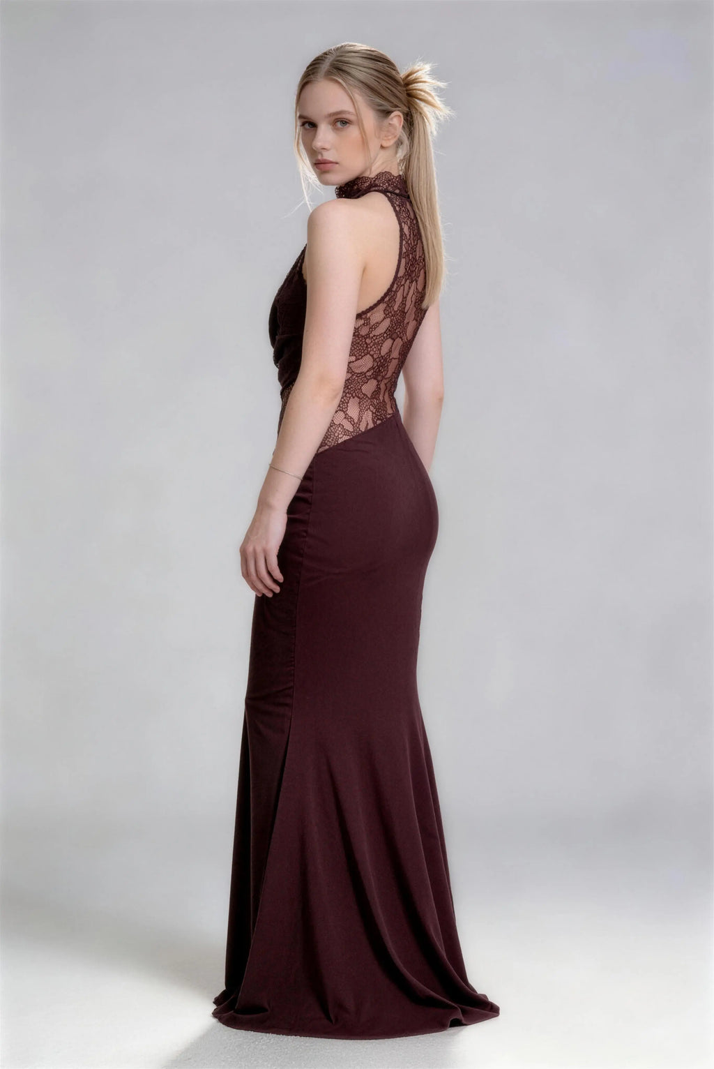 Phoehua Side View of Wine Red Halter Neck Lace Dress, Slim Fit Mermaid Skirt Sheer Lace Splicing Elegant Formal Occasion Party Dress