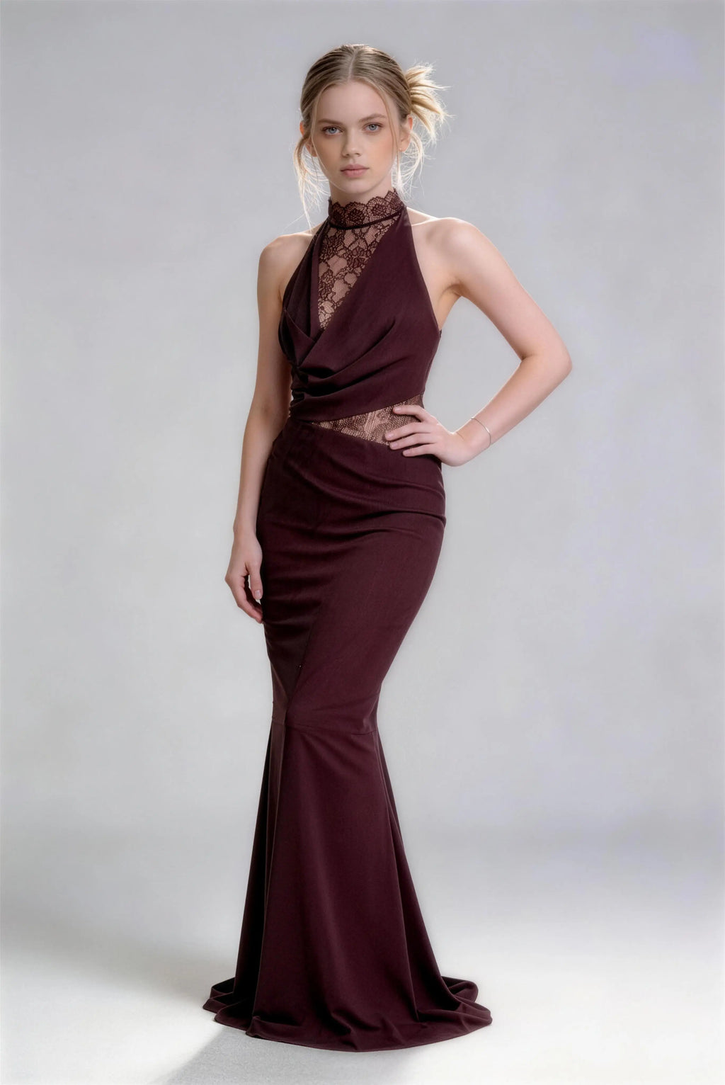 Phoehua Wine Red Lace Halter Neck Mermaid Dress in Standing Pose, Ruched Chest Sheer Lace Waist Sleeveless Elegant Evening Gown