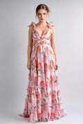 Phoehua Pink Floral Print Ruffle Strap Chiffon Maxi Dress, Front View V-Neck Lace-Up Backless A-Line Flowy Wedding Guest Summer Party Gown