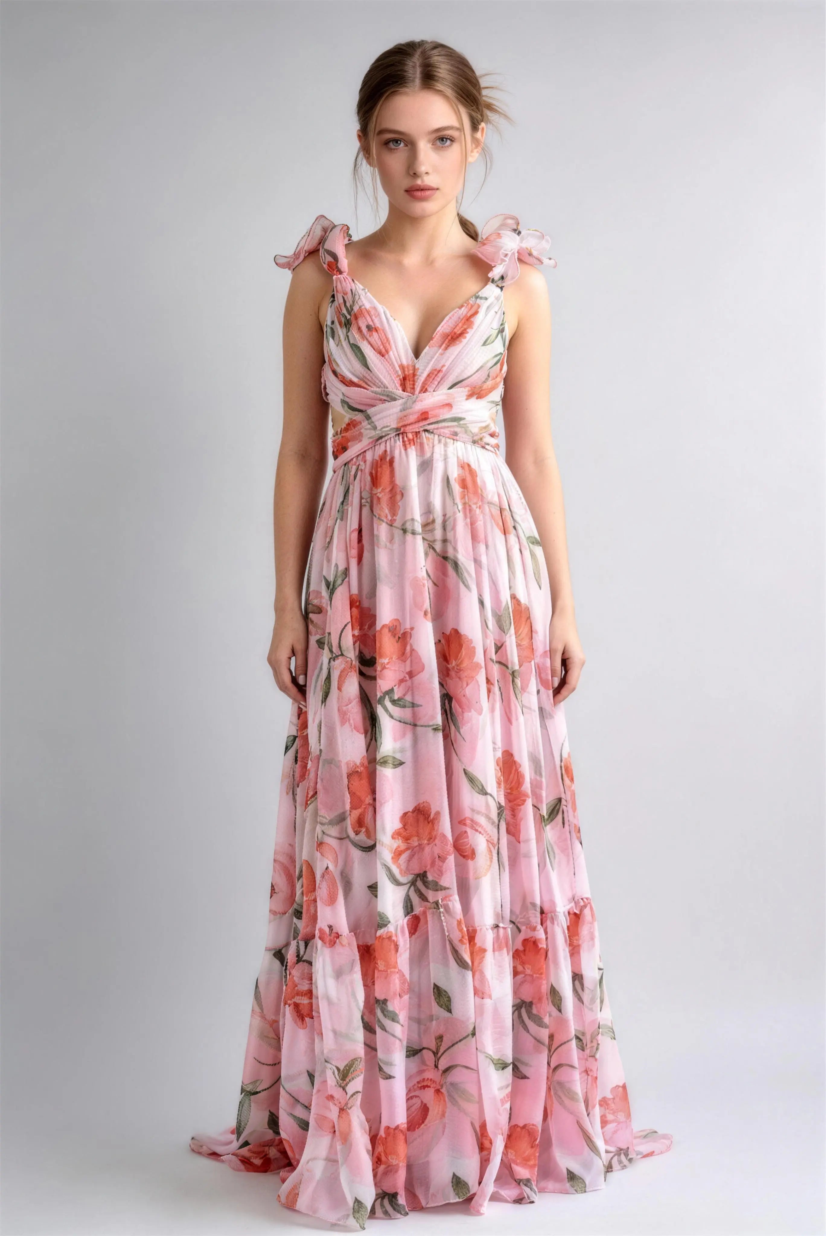 Phoehua Pink Floral Print Ruffle Strap Chiffon Maxi Dress, Front View V-Neck Lace-Up Backless A-Line Flowy Wedding Guest Summer Party Gown
