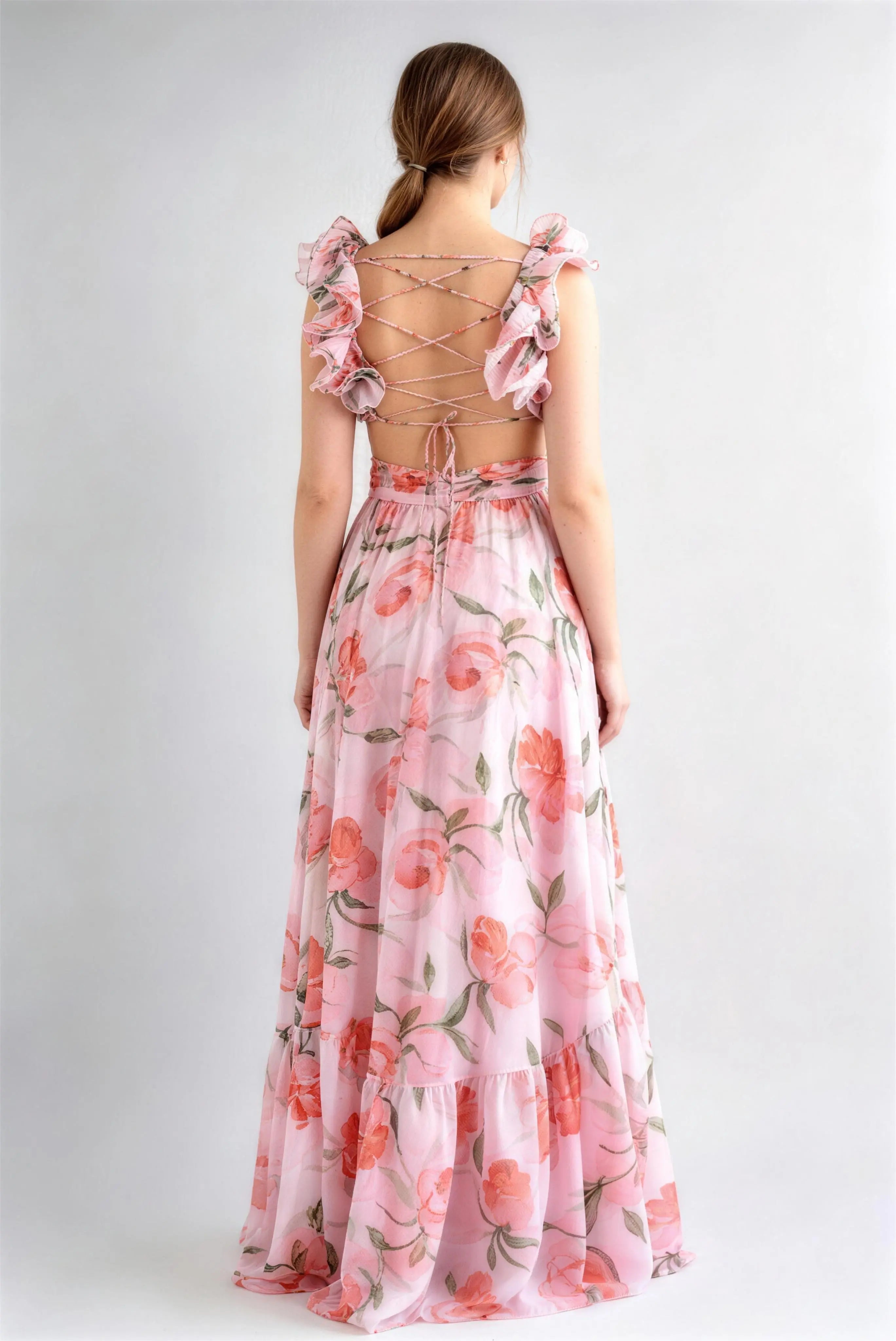Phoehua Back View of Floral Chiffon Maxi Dress, Cross Lace-Up Open Back Adjustable Ties V-Neck Ruffle Strap Flowy Summer Formal Dress