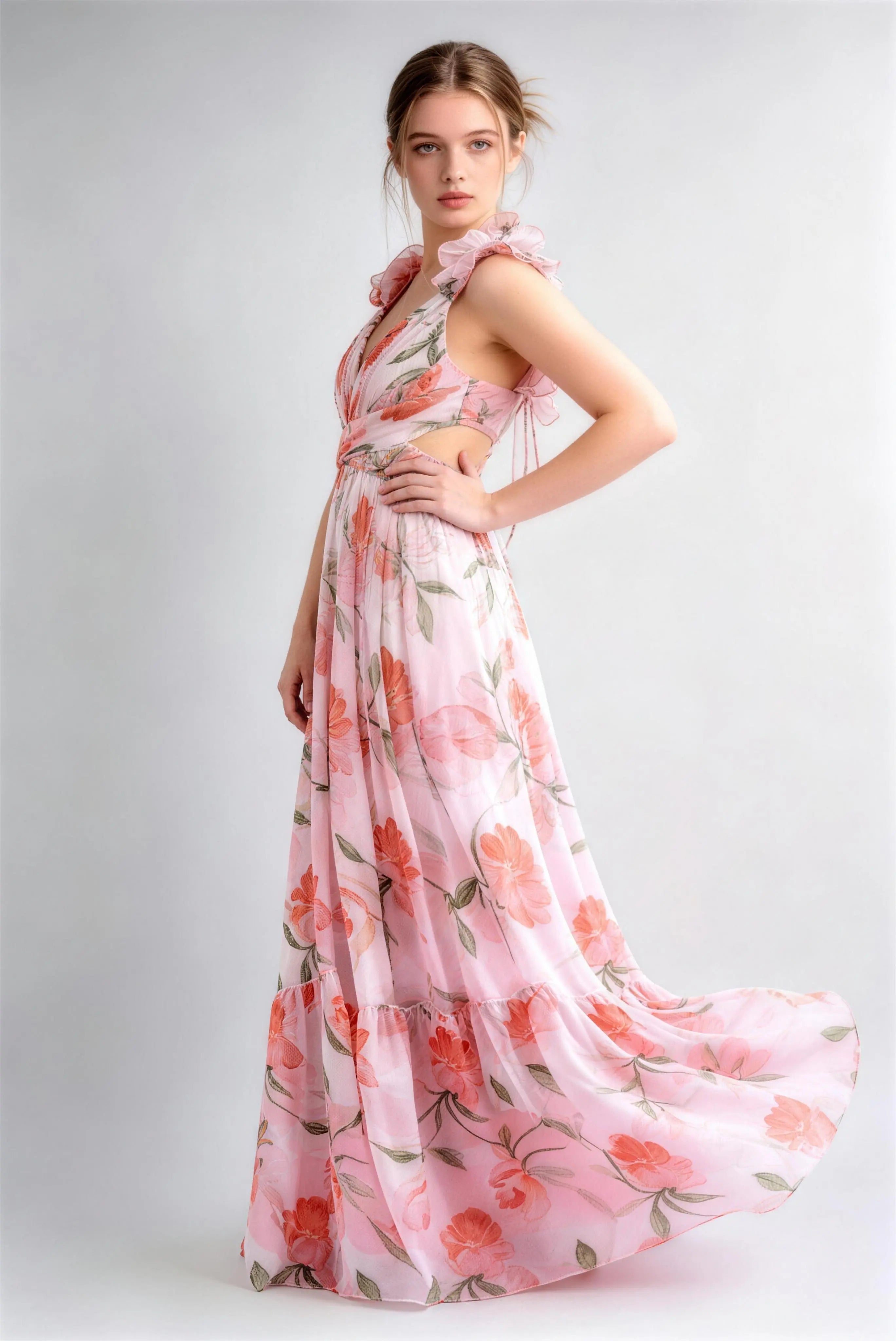 Phoehua Side View of Pink Floral Print Maxi Dress, Flowing Skirt Twisted Front Bodice Ruffle Strap Lace-Up Backless Chiffon Party Dress