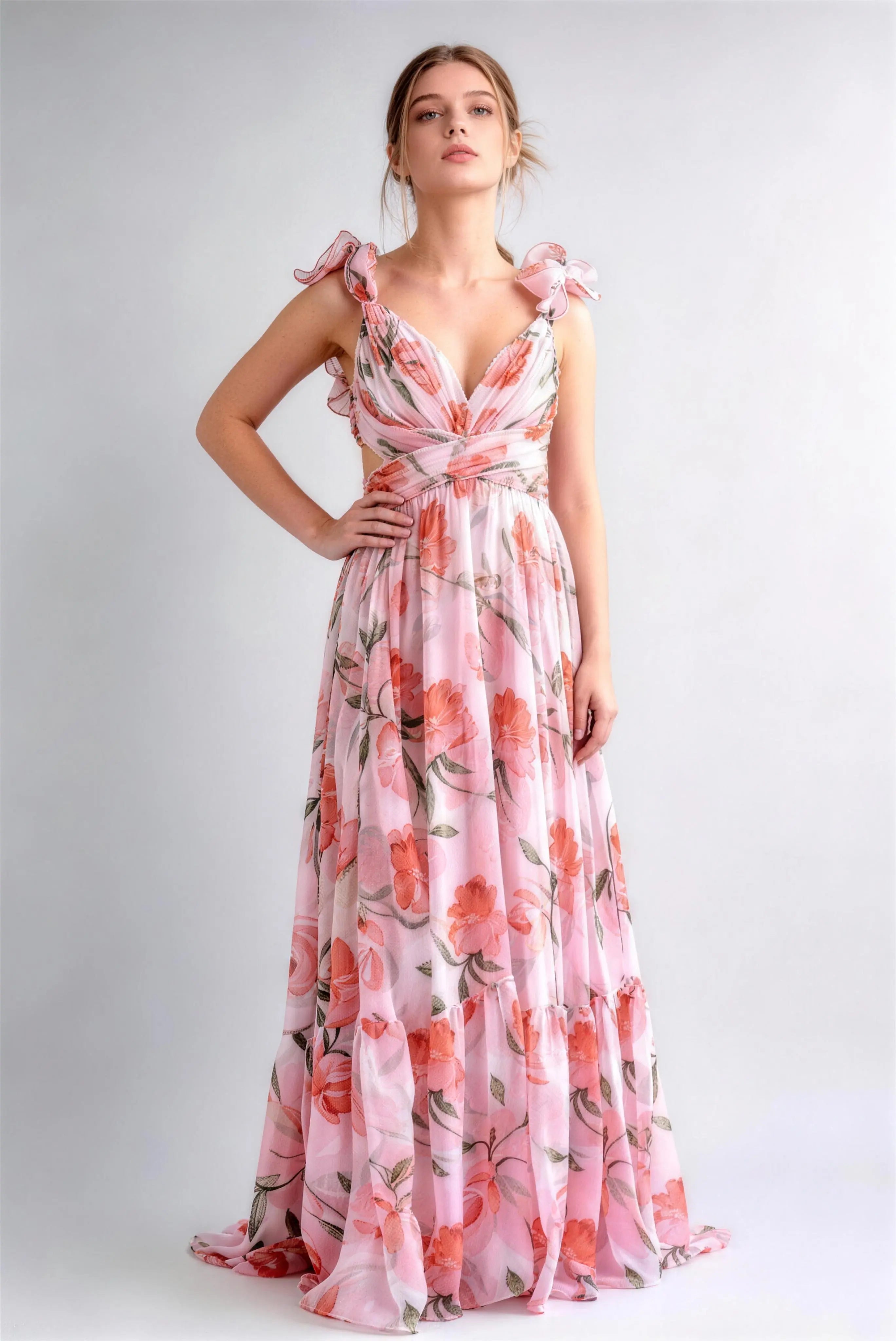 Floral Lace-Up Backless Chiffon Maxi Dress