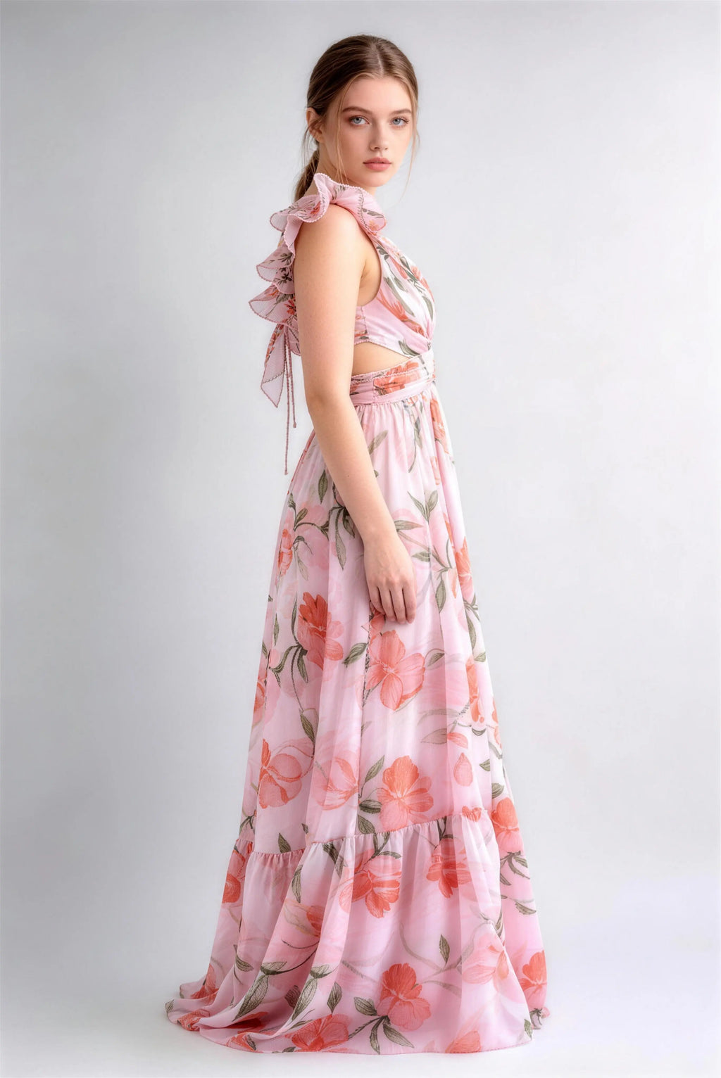 Floral Lace-Up Backless Chiffon Maxi Dress