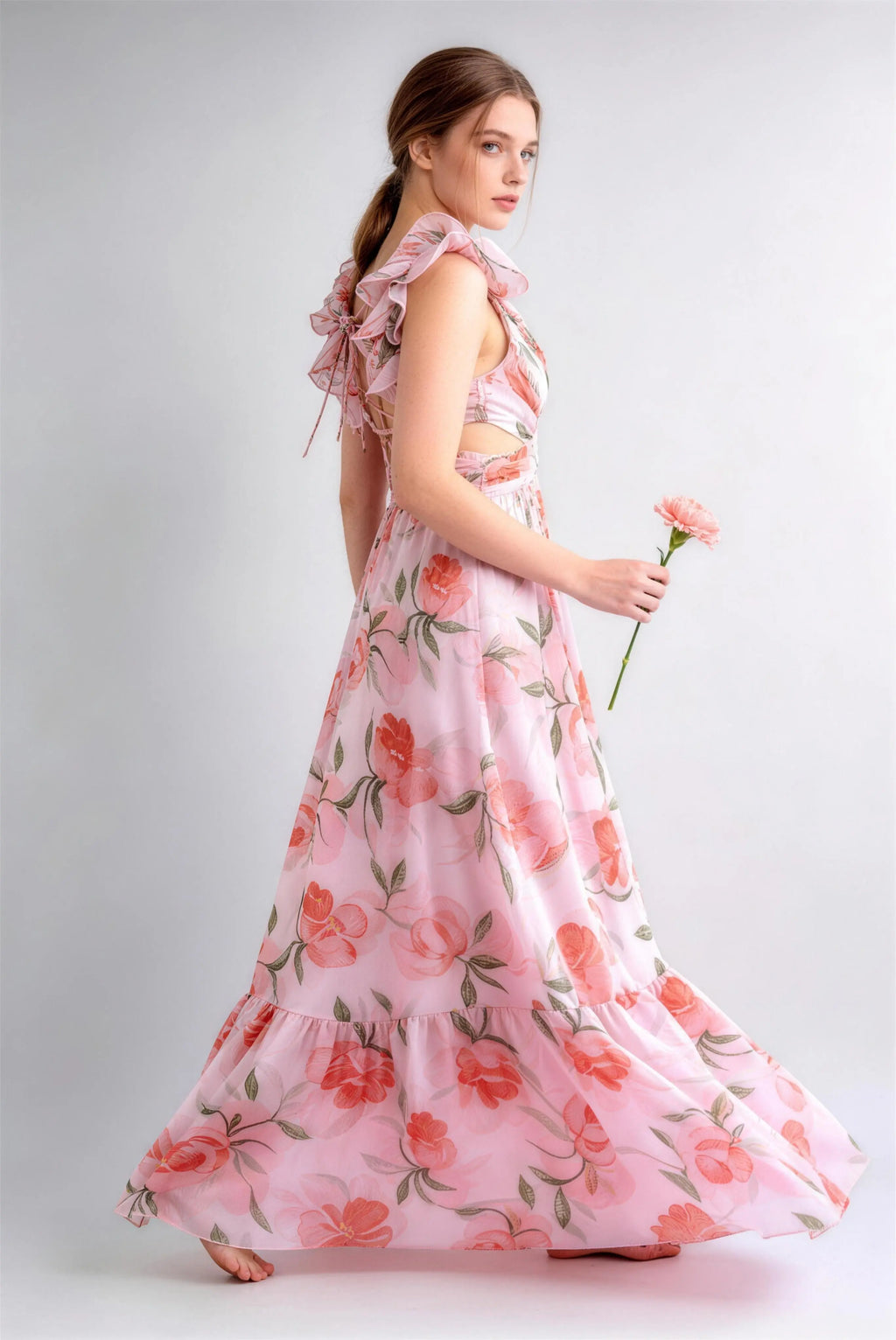 Floral Lace-Up Backless Chiffon Maxi Dress