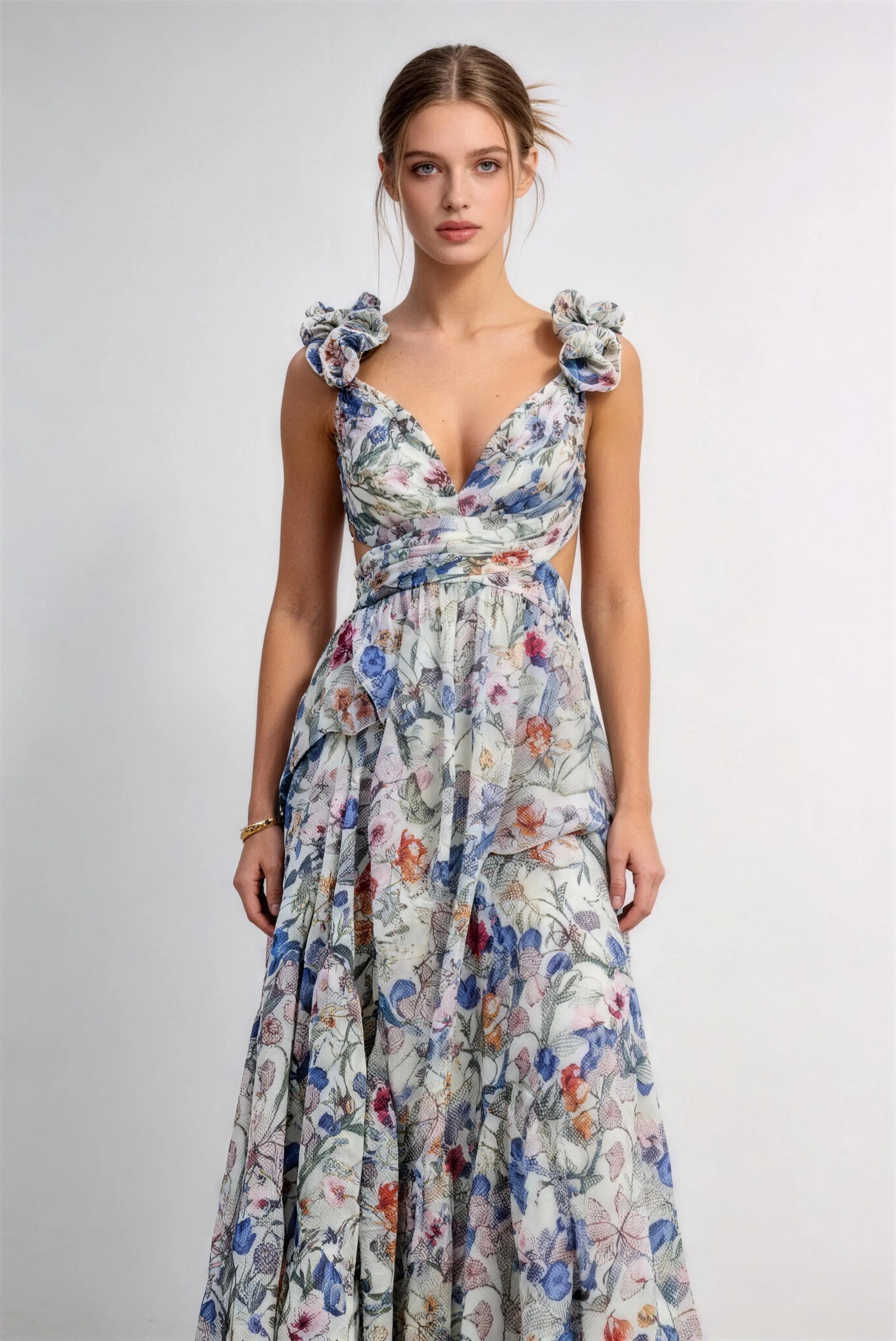 Phoehua Multi-Color Floral Print Chiffon Dress, Front View V-Neck Ruffle Strap Tiered A-Line Flowy Summer Wedding Guest Party Gown