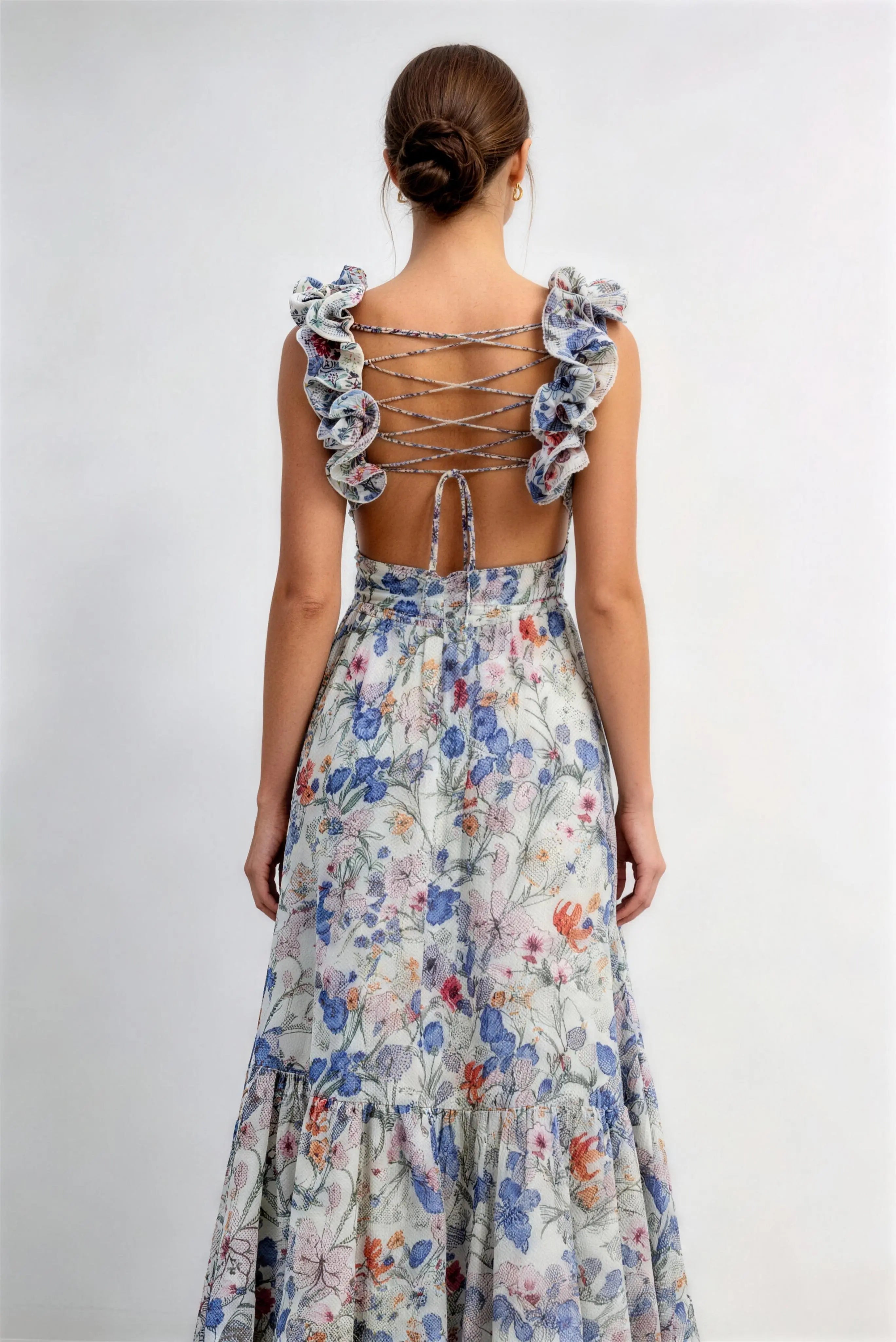 Phoehua Back View of Multi-Color Floral Maxi Dress, Lace-Up Open Back Ruffle Strap Tiered Skirt Flowy Chiffon Formal Summer Dress
