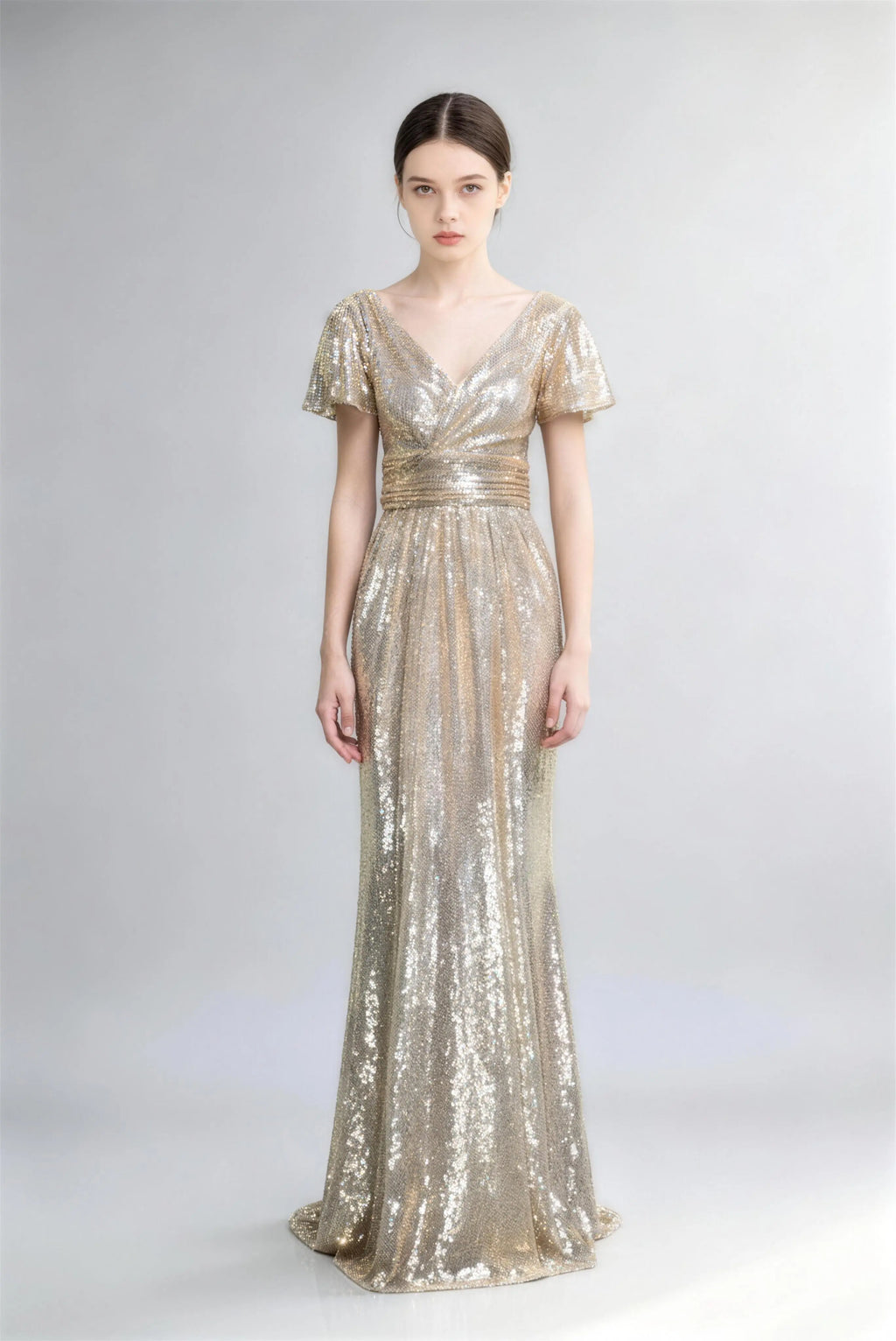 Phoehua Full Front View of All-Over Sequin Formal Dress, Deep V-Neck Flutter Sleeve Pleated Waist Floor-Length Mermaid Evening Gown