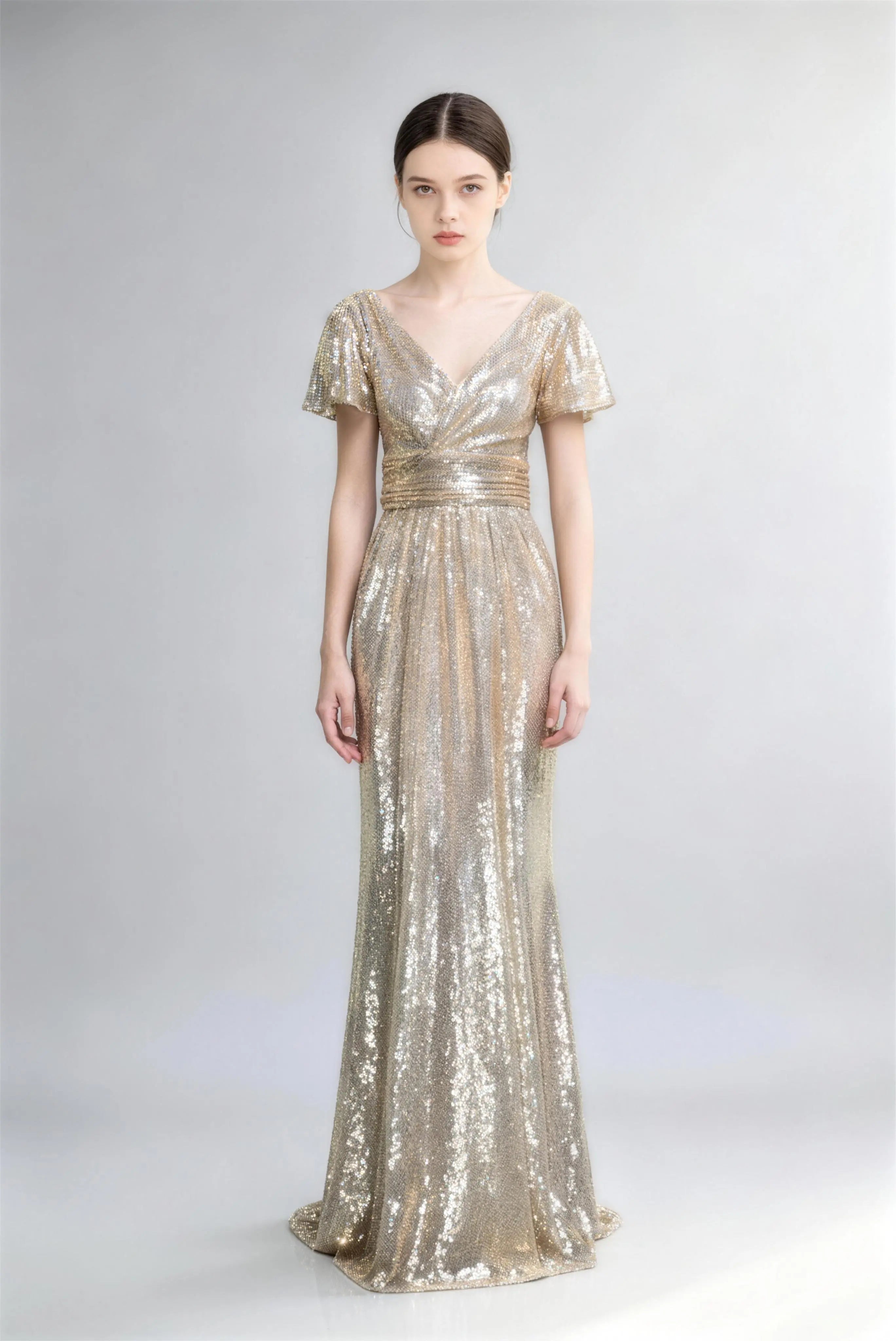 Phoehua Full Front View of All-Over Sequin Formal Dress, Deep V-Neck Flutter Sleeve Pleated Waist Floor-Length Mermaid Evening Gown