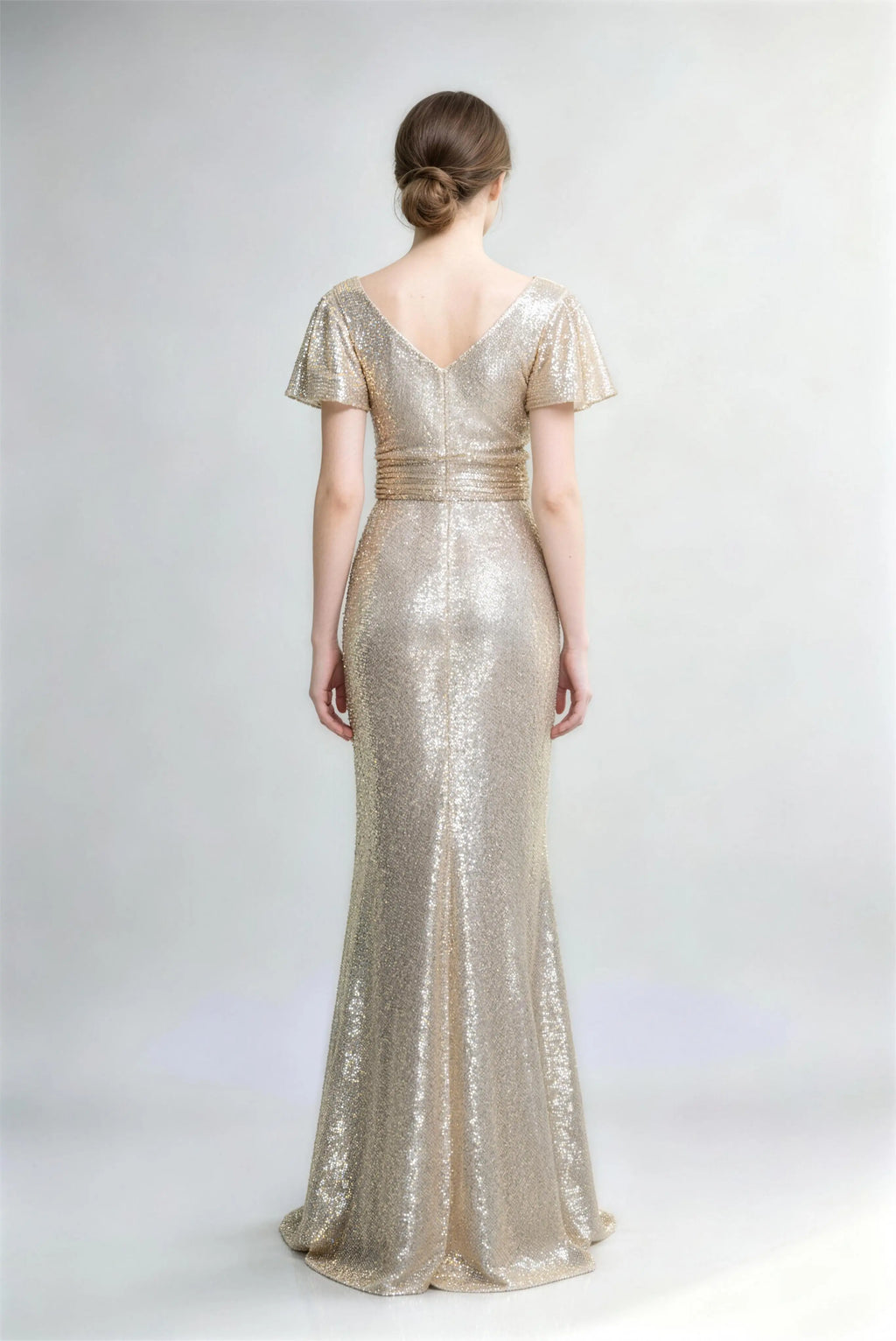 Phoehua Back View of Champagne Sequin Mermaid Dress, V-Back Design Flutter Sleeve Pleated Waist Formal Long Evening Gown